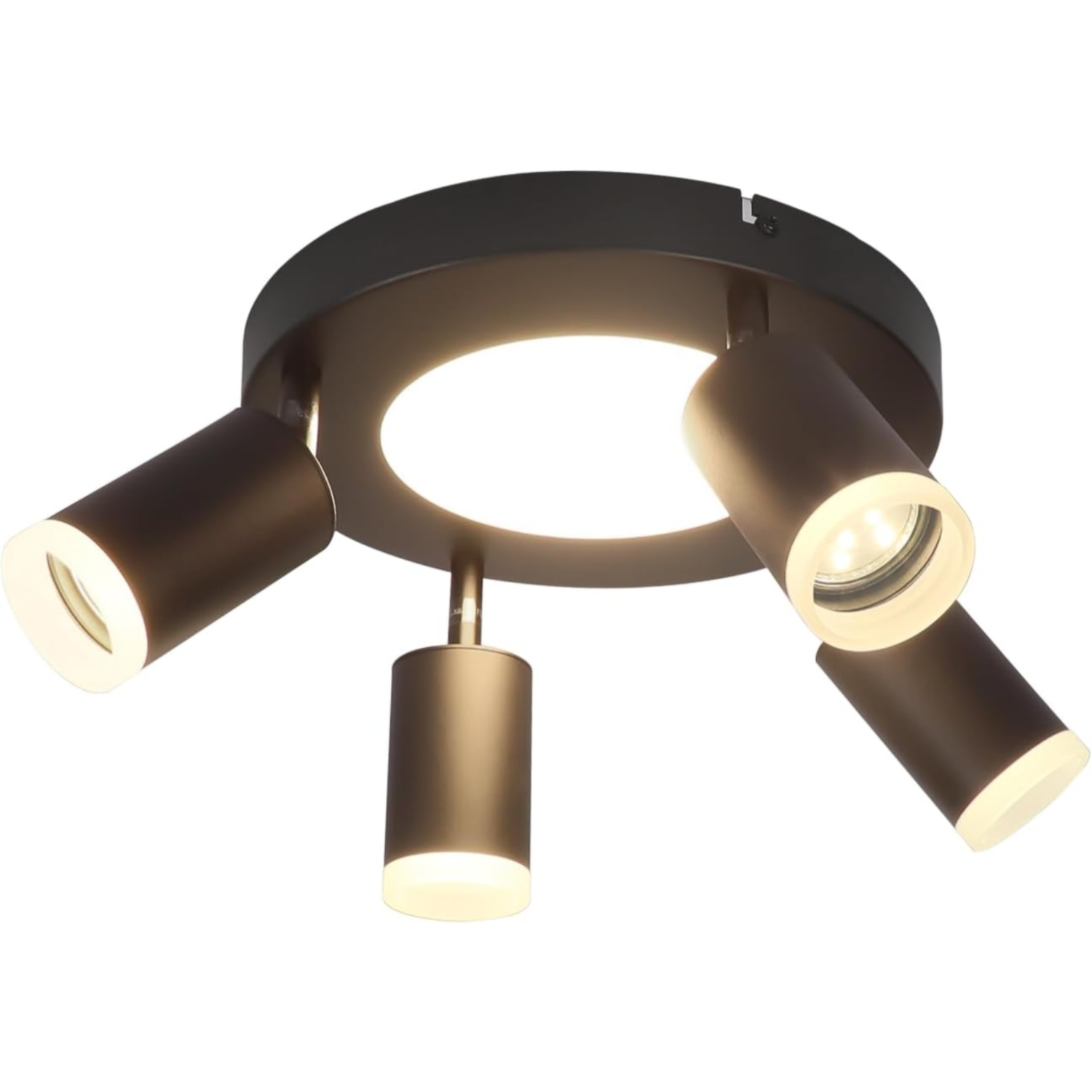 Un moderno apparecchio di illuminazione a soffitto con quattro faretti e una luce centrale. L'apparecchio è nero e bianco, con le luci accese.