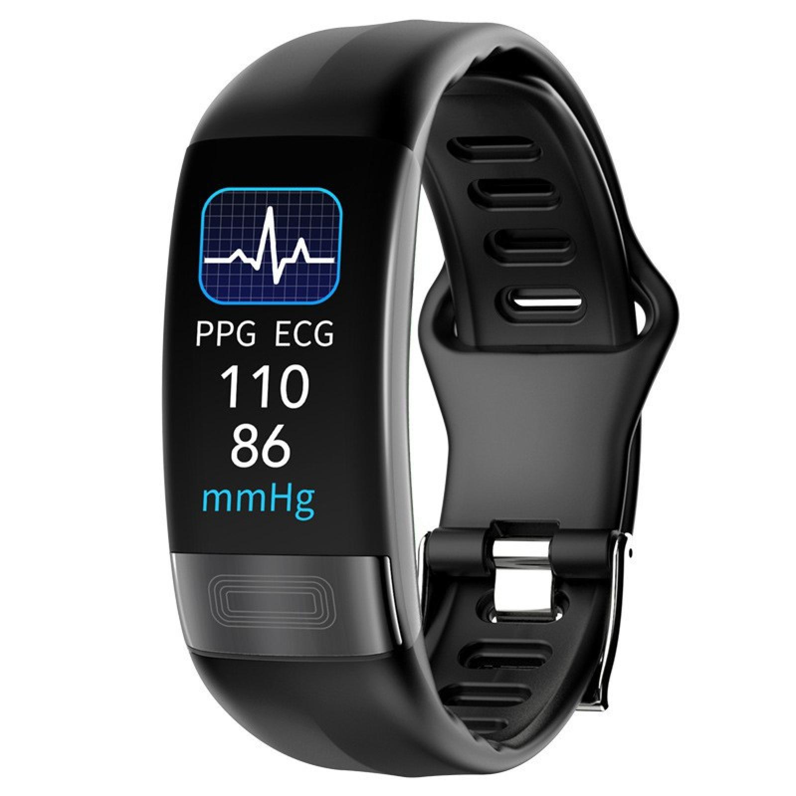 Schwarzer Fitnesstracker mit Bildschirm, der EKG, PPG und Vitalwerte anzeigt: 110/86 mmHg.
