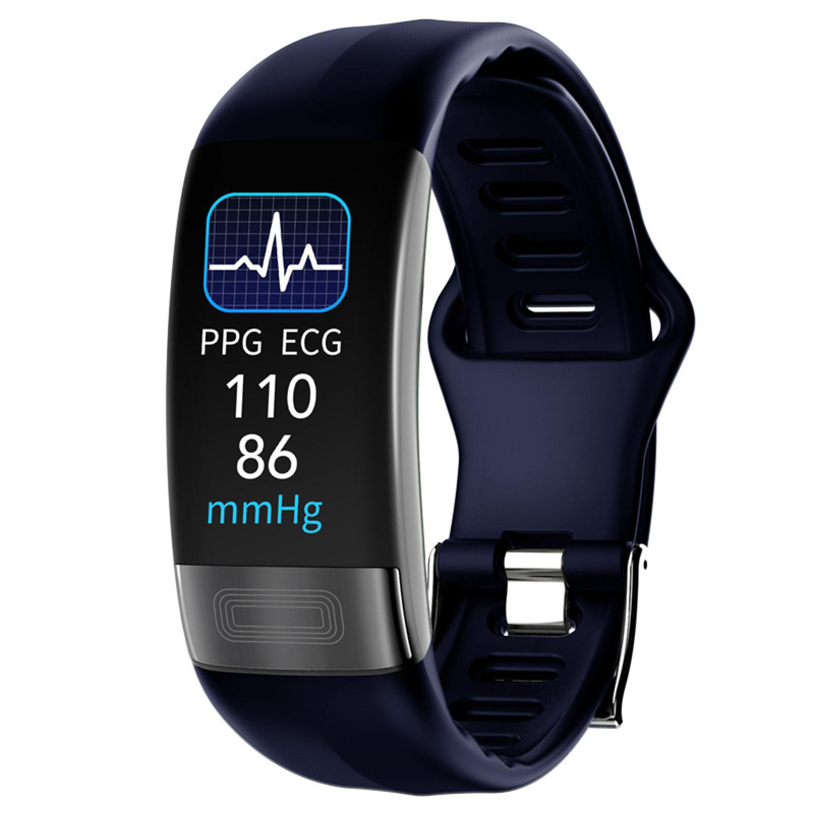Dunkelblaue Smartwatch mit EKG, PPG, Blutdruckmesswerten und Uhrzeit. Mit dunkelblauem Armband und Verschluss.