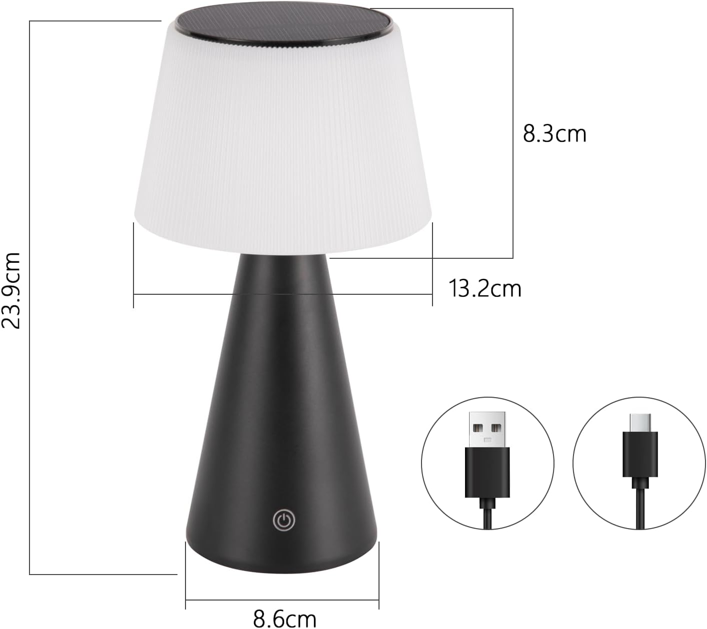 Una lámpara blanca y negra con dimensiones etiquetadas. Incluye cables USB. La lámpara tiene una pantalla blanca y una base negra.