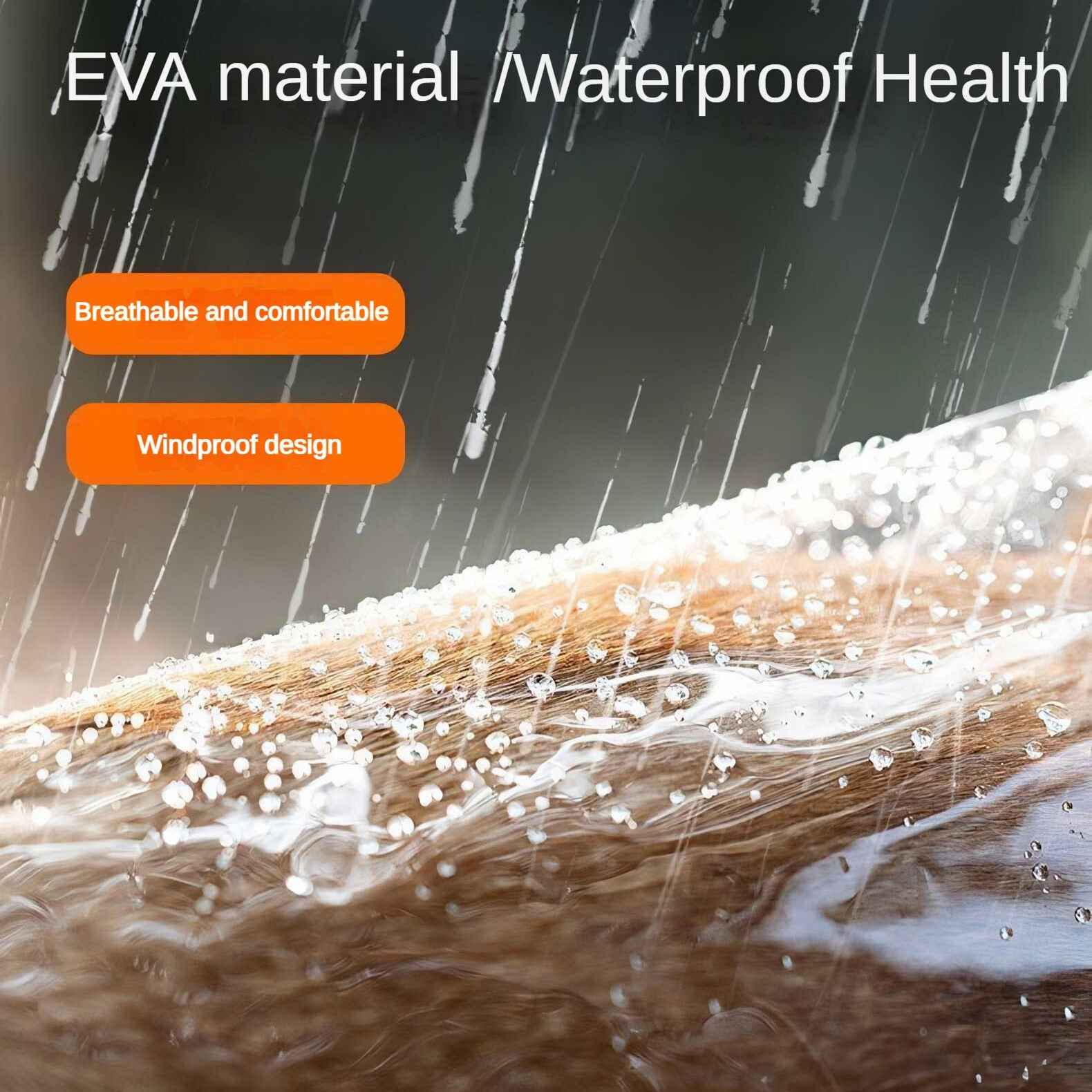 Das Bild zeigt Wassertropfen auf brauner Oberfläche. Text enthält 'EVA-Material', 'wasserdicht' und orangefarbene Etiketten.