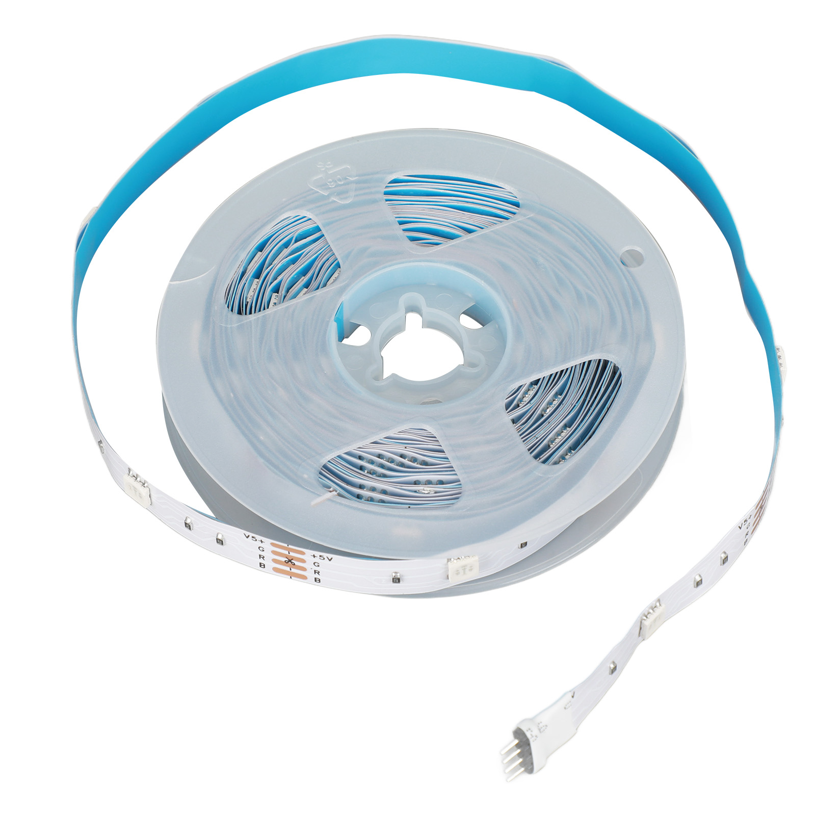 LED-Streifen auf einer Rolle. Blauer Hintergrund und transparenter Kunststoff. Weißer Streifen mit Anschlüssen. Weißer Hintergrund.