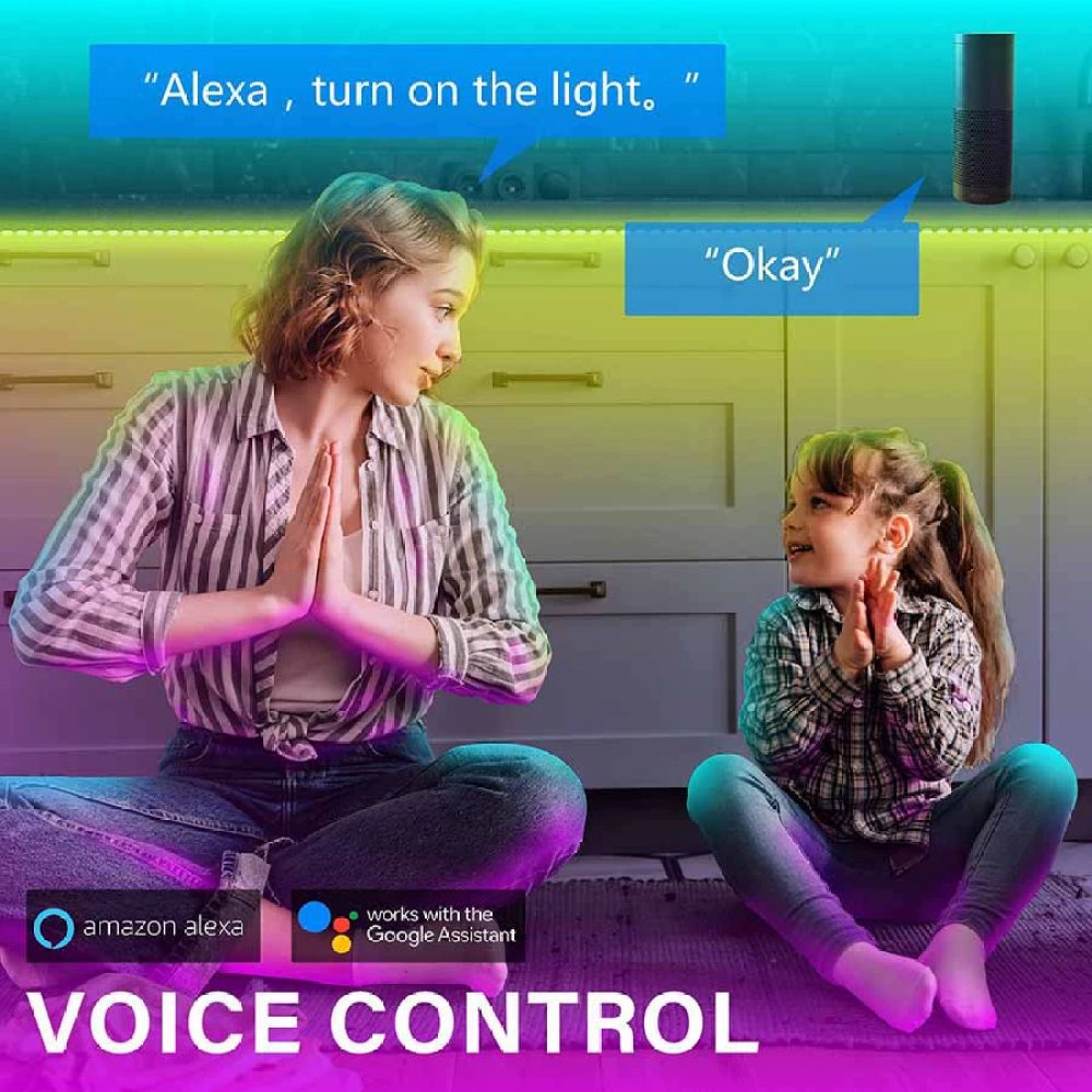 Zwei Frauen sitzen und interagieren mit Sprachsteuerung. Eine sagt: 'Alexa, schalte das Licht ein', die andere antwortet: 'Okay'. Logo der Sprachsteuerung ist sichtbar.