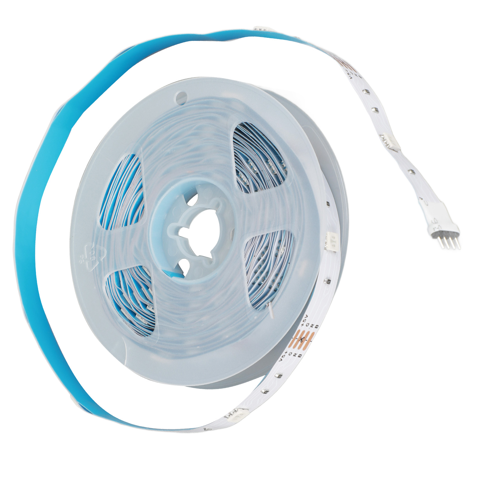 Eine Rolle LED-Streifen, weiße LEDs auf einem weißen Streifen. Ein blauer Streifen ist an der Rolle befestigt. Weißer Hintergrund.
