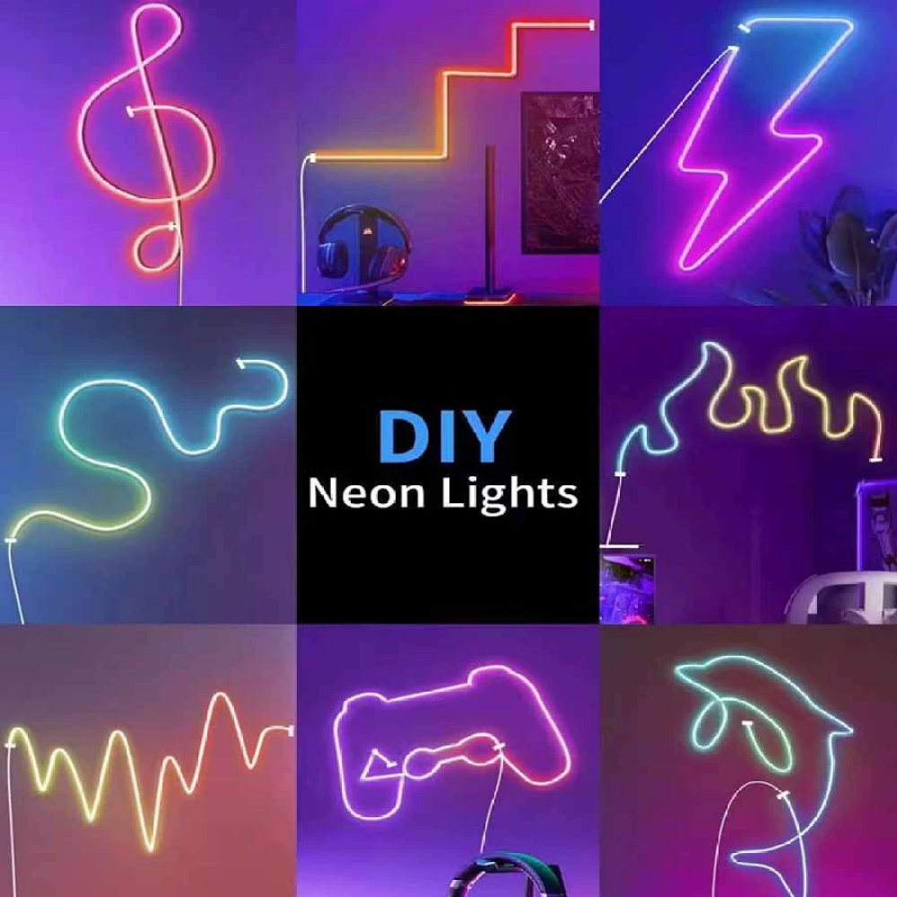 Das Bild zeigt DIY-Neonlichter in verschiedenen Formen: Violinschlüssel, Treppe, Blitz, Wellen, Flamme, Controller und Delfin.
