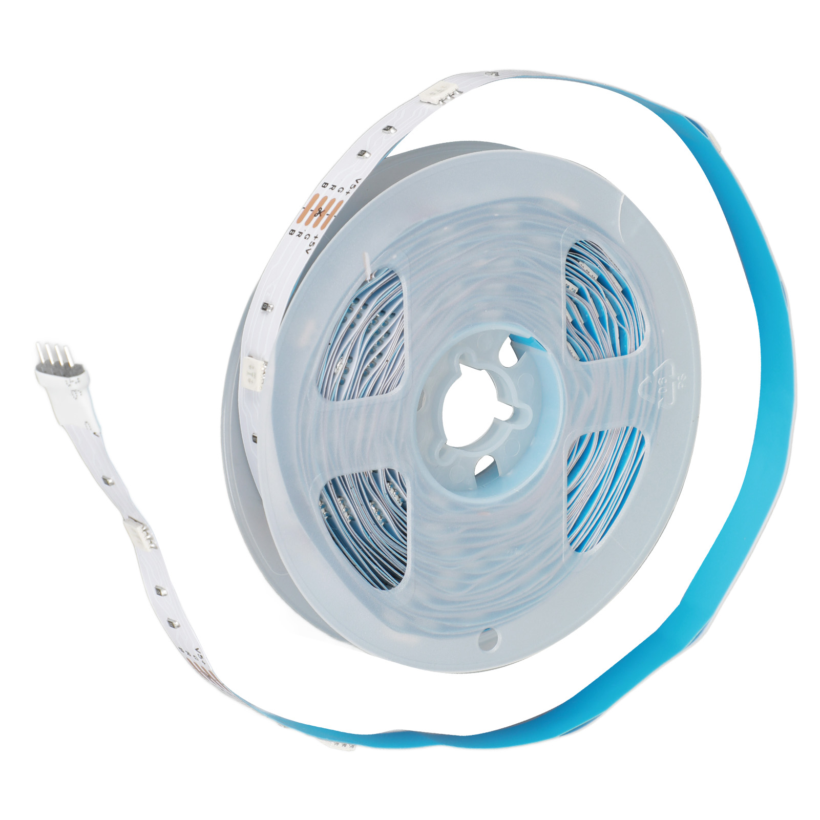 Eine Rolle LED-Streifen mit blauem Klebeband. Der Streifen ist weiß mit kleinen Lichtern und einem Stecker.