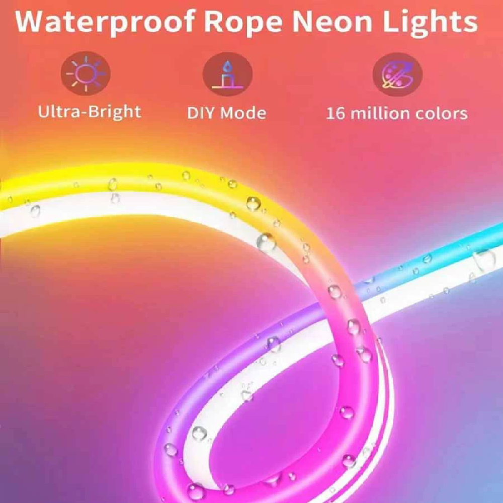 Das Bild zeigt bunte Neonlichter. Text zeigt ultrahell, DIY-Modus und 16 Millionen Farben.
