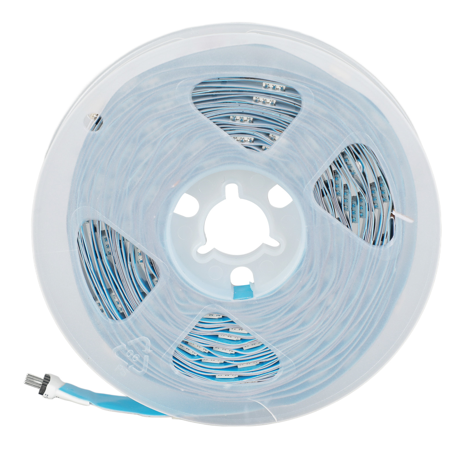 Eine Rolle LED-Streifen in einem transparenten Kunststoffgehäuse. Die Lichter sind blau und weiß.