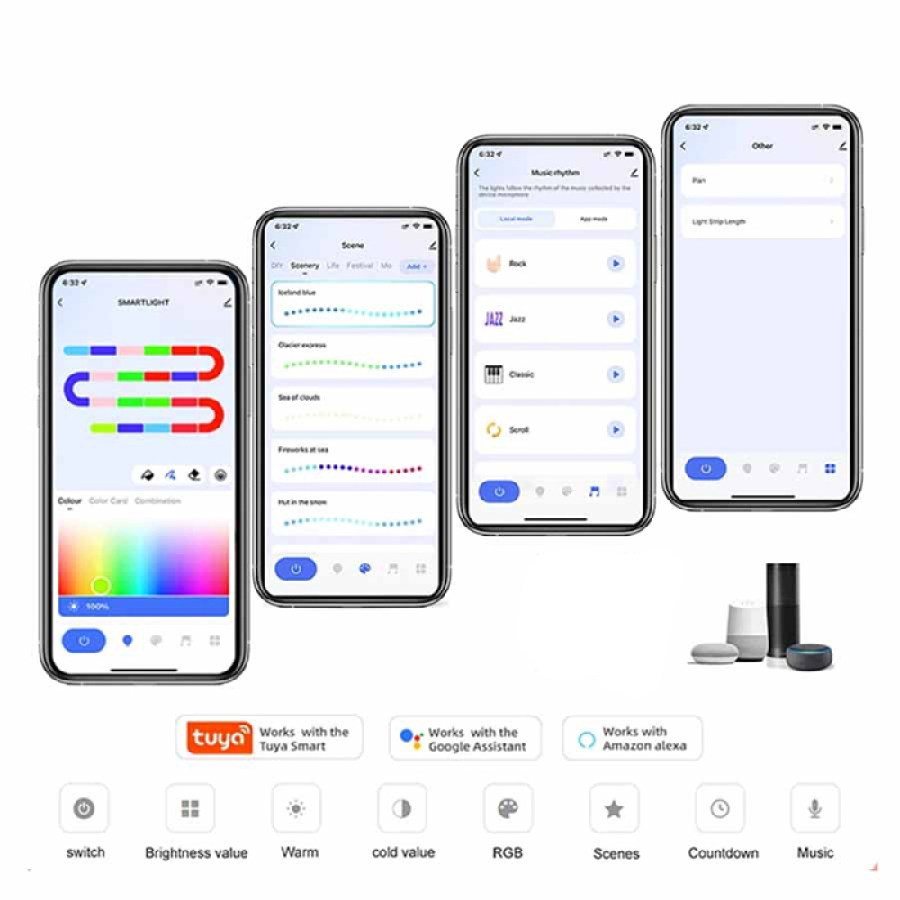 Einrichtung eines Smart-Home-Geräts mit Telefonbildschirmen, die App-Oberflächen anzeigen. Enthält Farbauswahl, Szeneneinstellungen und Musikrhythmussteuerung.
