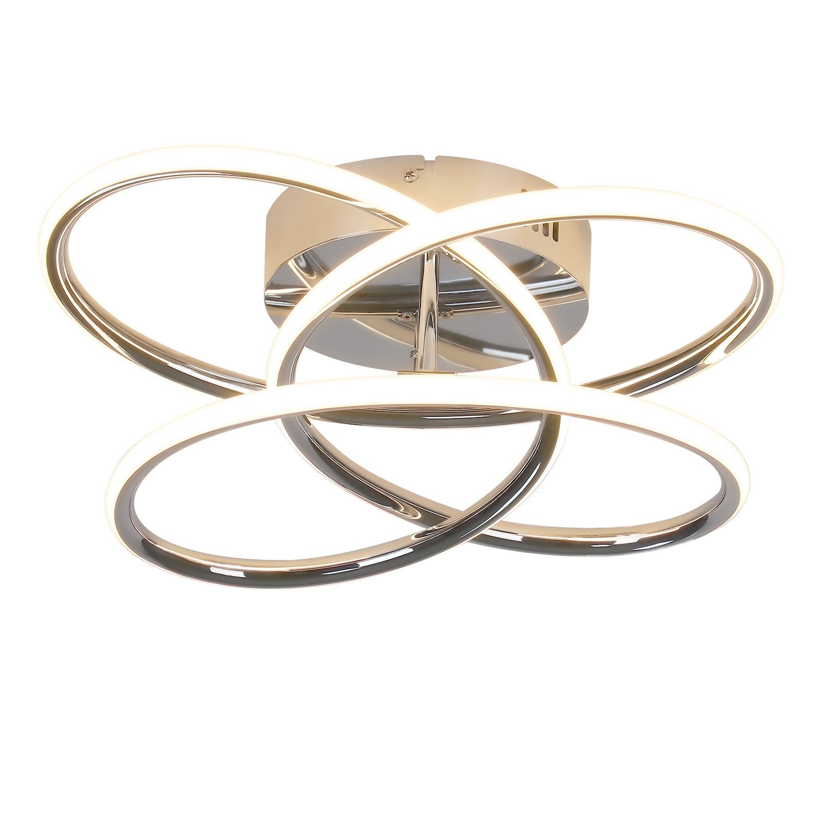 Luz de techo moderna con anillos iluminados que se cruzan en plata y oro, sobre un fondo blanco.