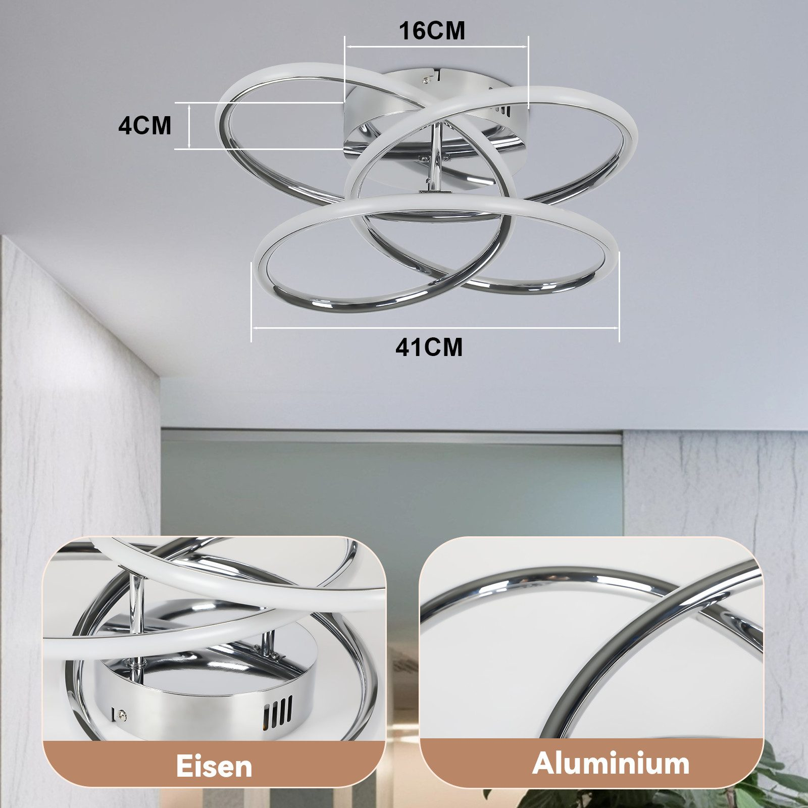 Una lámpara de techo moderna con tres anillos cromados que se cruzan, con medidas indicadas. Primeros planos muestran la base y el material del anillo.