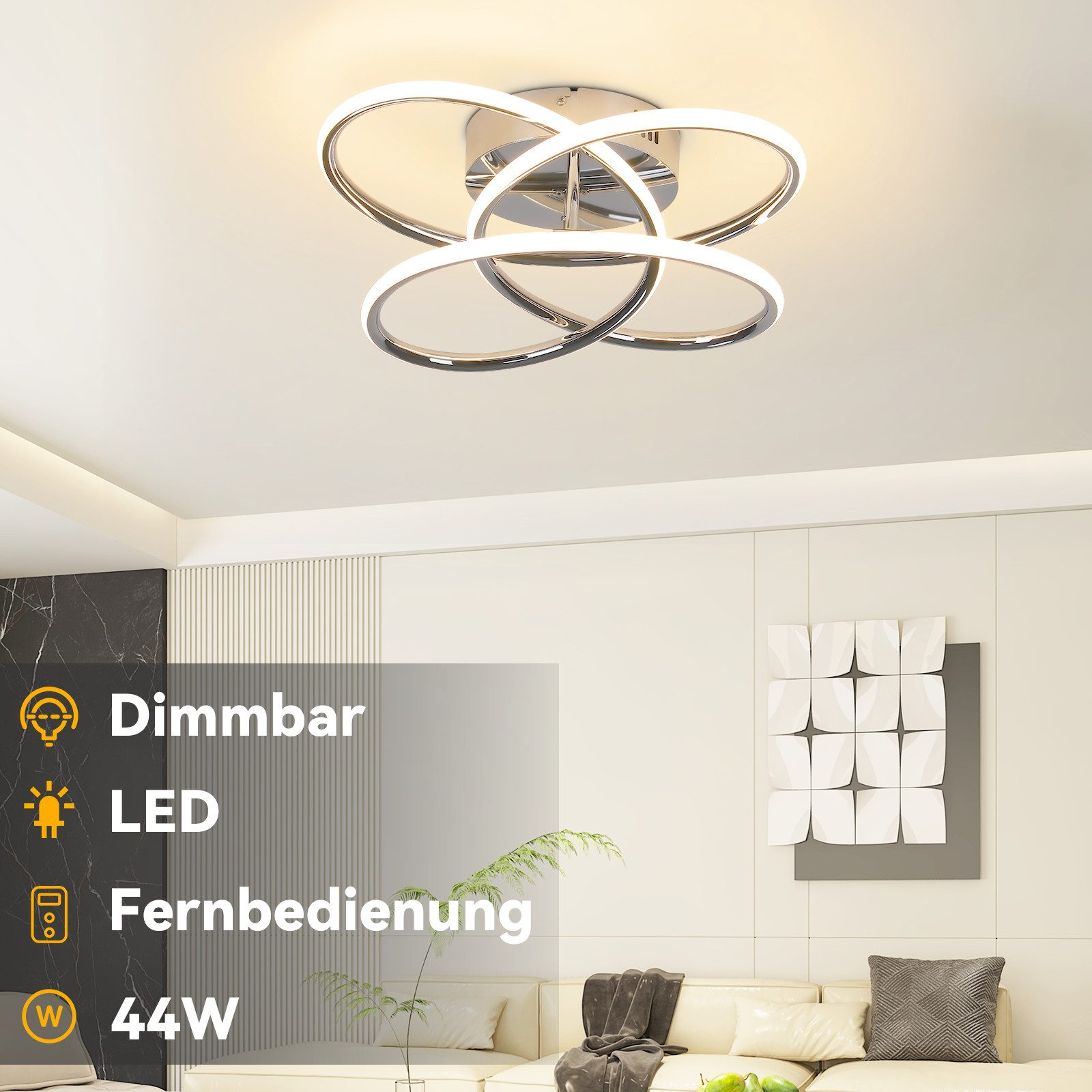 Una moderna lámpara de techo con diseño de anillo. Sofá y arte mural decorativo en la habitación.