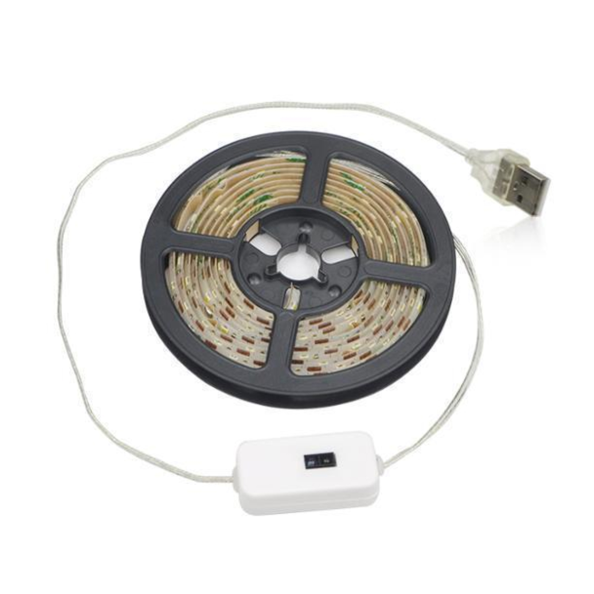 LED-Streifenlicht auf einer Rolle mit USB-Anschluss und weißer Schalterbox. Die Rolle ist schwarz, die Lichter sind gelb.