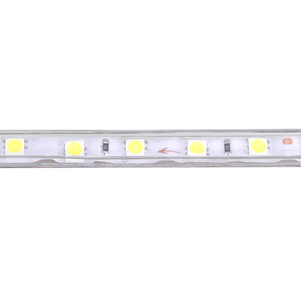 LED-Streifen mit weißen Lichtern. Mehrere kleine, helle, gelbe LED-Leuchten sind sichtbar. Pfeil, der die Richtung anzeigt. Weißer Hintergrund.