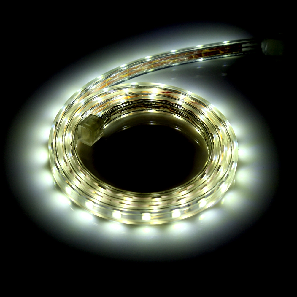 Ein aufgerolltes LED-Band leuchtet hell vor einem dunklen Hintergrund. Die Lichter sind weiß und das Band ist aufgerollt.