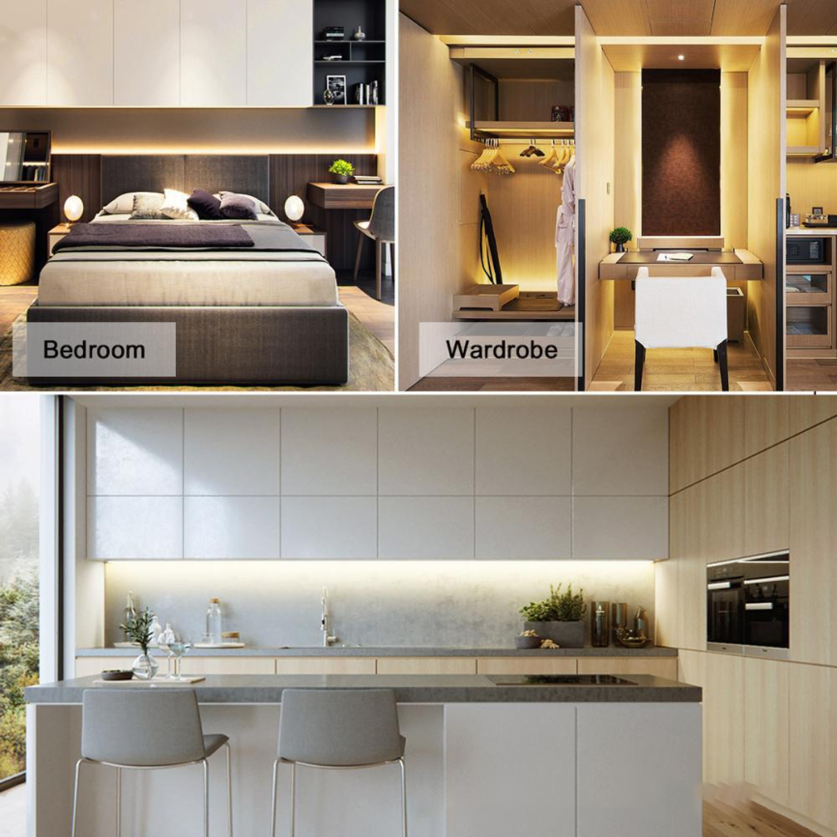 Das Bild zeigt ein Schlafzimmer, einen Kleiderschrank und eine Küche. Das Schlafzimmer hat ein Bett, der Kleiderschrank Kleidung und die Küche eine Theke und Hocker.
