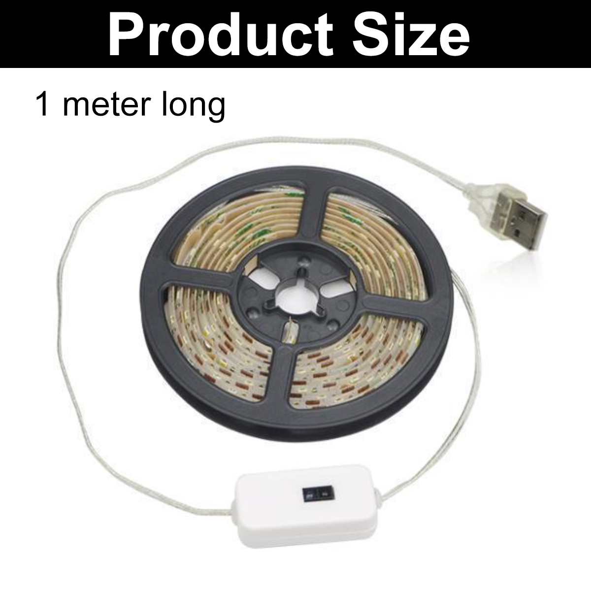 Ein aufgerolltes LED-Band mit USB-Anschluss, einem weißen Schalter und Text mit der Aufschrift 'Produktgröße' und '1 Meter lang'.