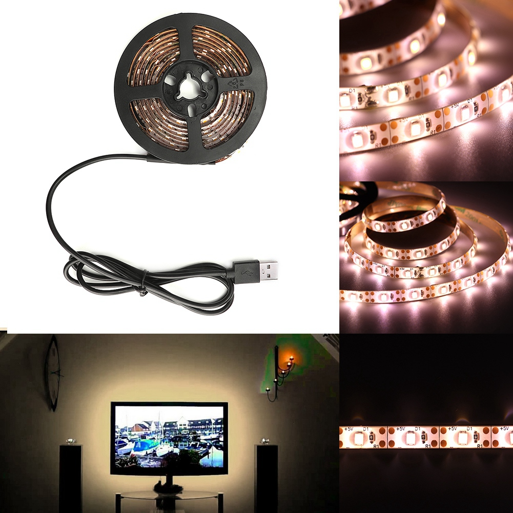 Eine Collage, die LED-Streifen zeigt. Einer ist aufgerollt und mit einem USB-Kabel verbunden. Andere leuchten und zeigen den Fernseher und den Raum.
