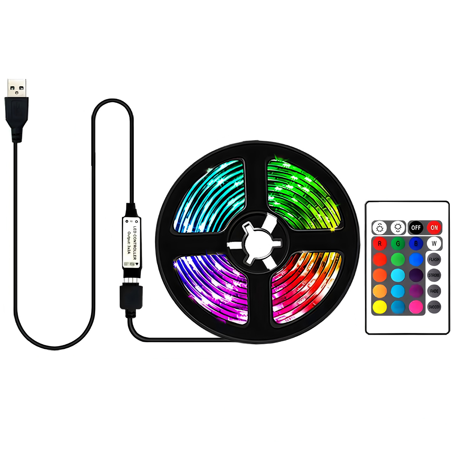 LED-Streifen mit USB-Kabel, Controller und Fernbedienung. Der Streifen ist aufgerollt und zeigt verschiedene Farben. Die Fernbedienung hat Farboptionen.