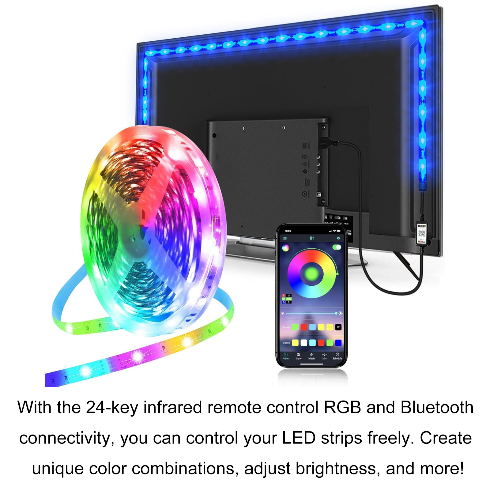 LED-Streifenrolle mit Regenbogenfarben. Telefon mit Farbsteuerungs-App. Fernseher mit blauem LED-Streifenrahmen.