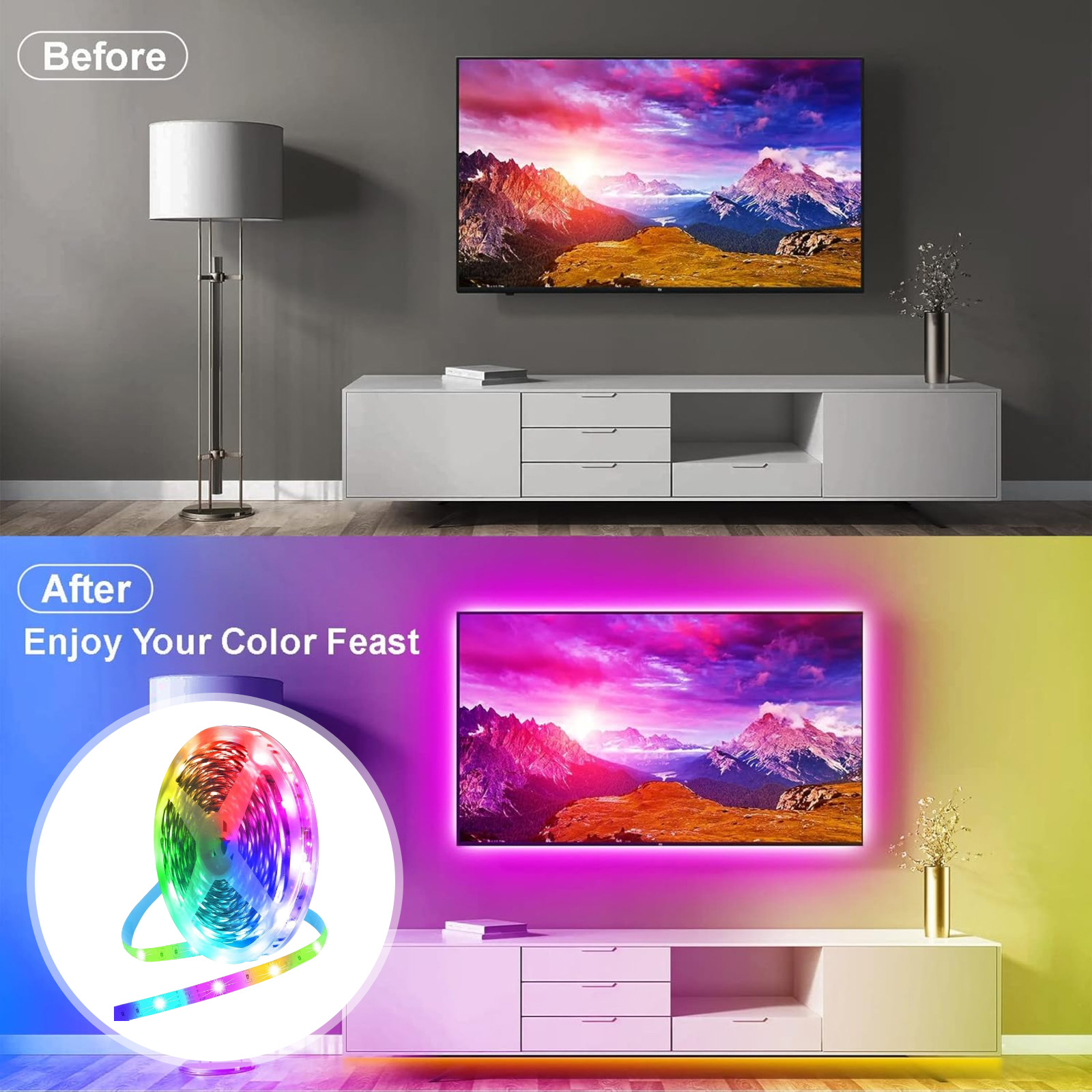 Ein Fernseher zeigt eine Berglandschaft. Darunter ist ein Lichtband aufgerollt. Die Szene ist geteilt, vor und nach der LED-Installation.