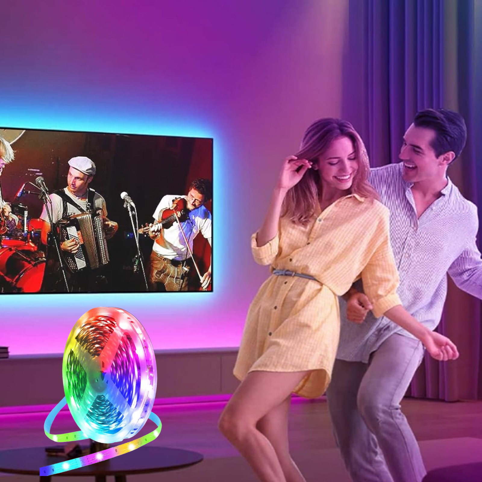 Ein Paar tanzt, im Fernsehen spielt eine Band. Auf einem Tisch liegt eine bunte LED-Lichtrolle.