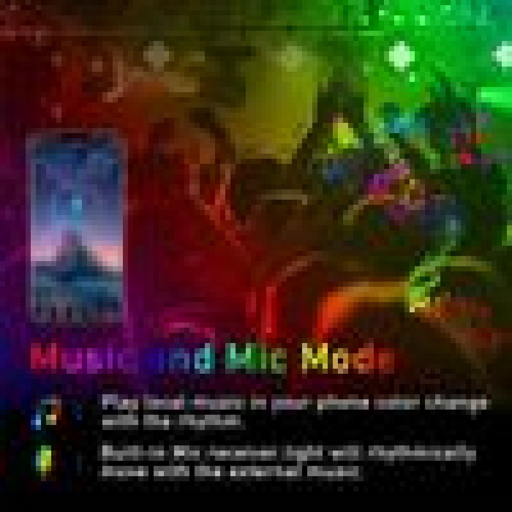Ein farbenfroher Hintergrund mit den Worten 'Musik- und Mikrofonmodus'. Auf der linken Seite befindet sich ein Telefonbildschirm. Der Text besagt, dass sich die Lichter mit dem Rhythmus ändern.