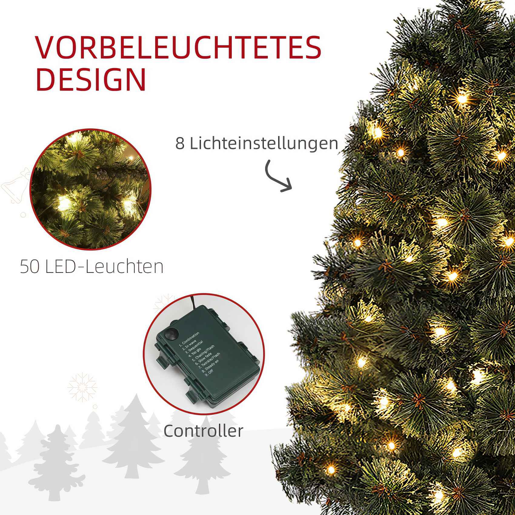 Ein vorgefertigter Weihnachtsbaum mit 50 LED-Leuchten. Das Bild zeigt auch den Controller mit 8 Lichteinstellungen.
