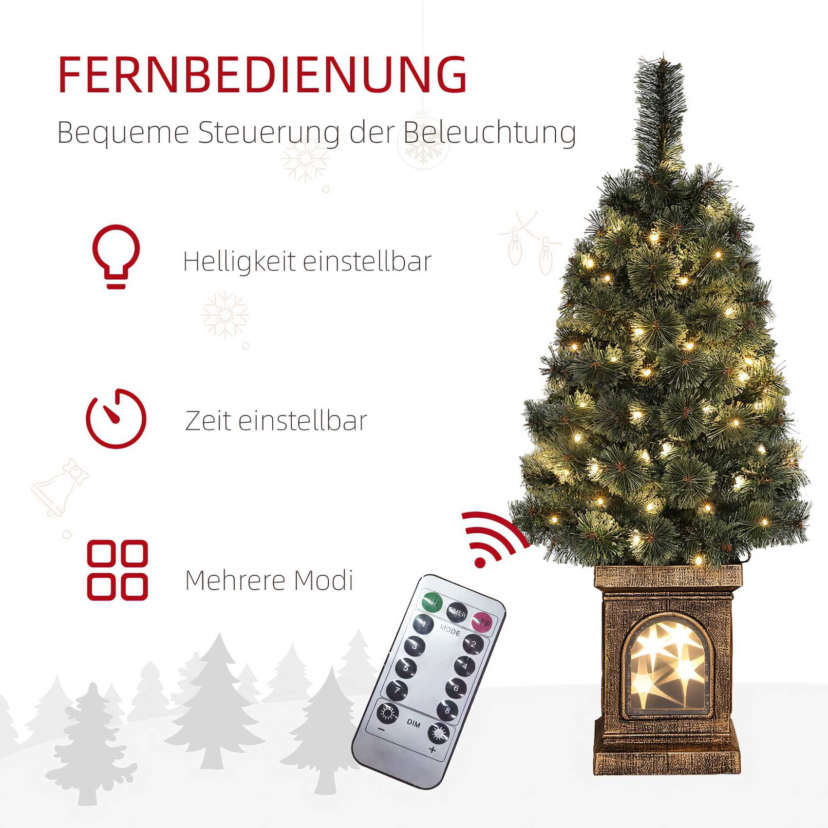 Ein Weihnachtsbaum mit Lichtern steht auf einem dekorativen Sockel. Eine Fernbedienung ist im Vordergrund.
