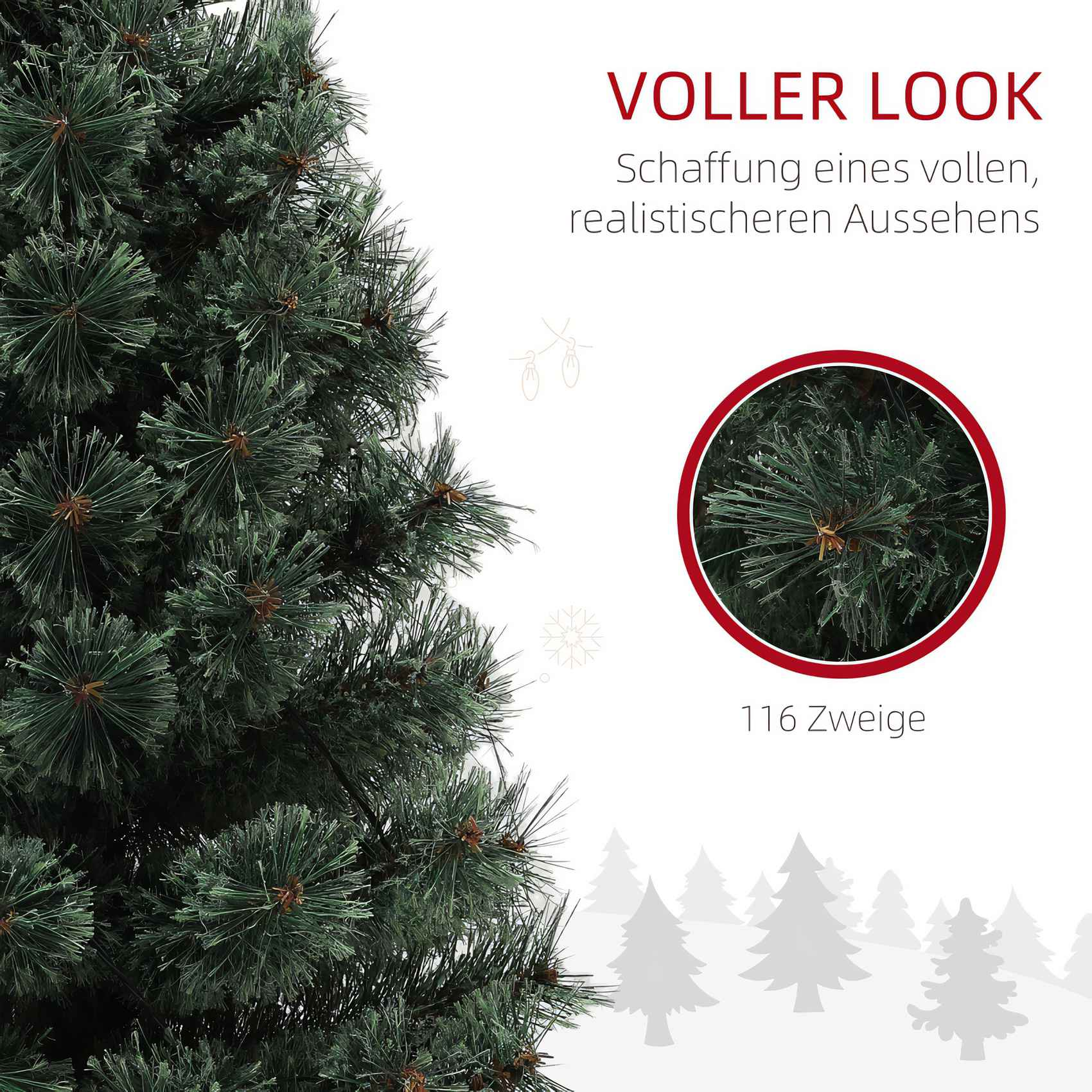 Nahaufnahme eines grünen Weihnachtsbaums mit deutschem Text. Ein roter Kreis zeigt einen Zweig mit 116 Spitzen.