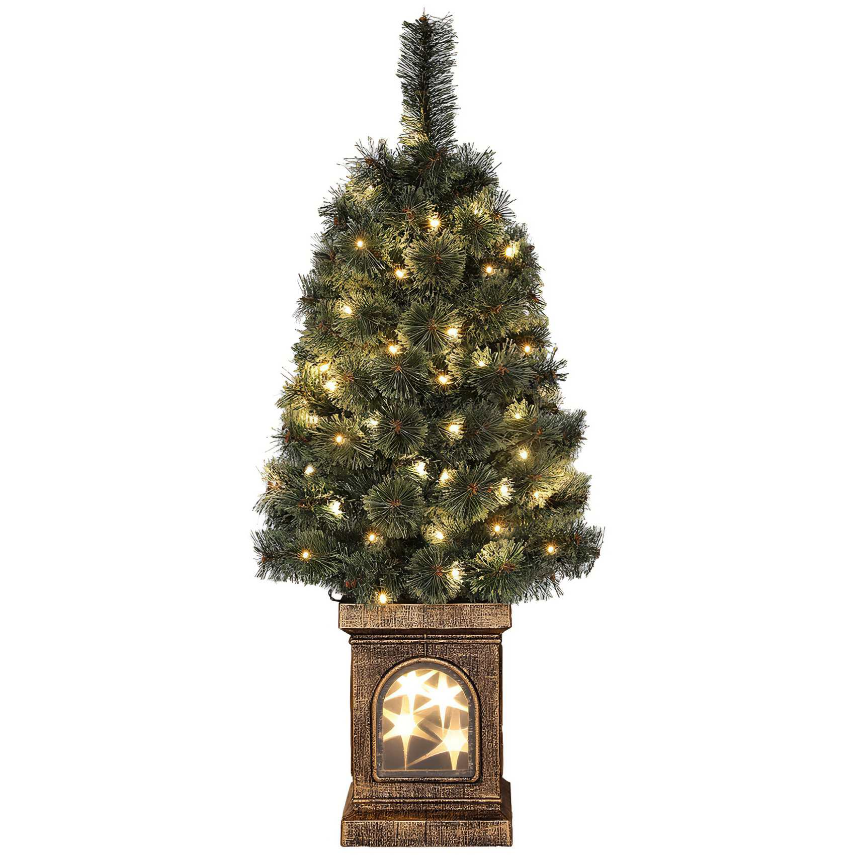 Ein kleiner Weihnachtsbaum mit Lichtern steht auf einem dekorativen Sockel. Der Sockel hat sternförmige Lichter.