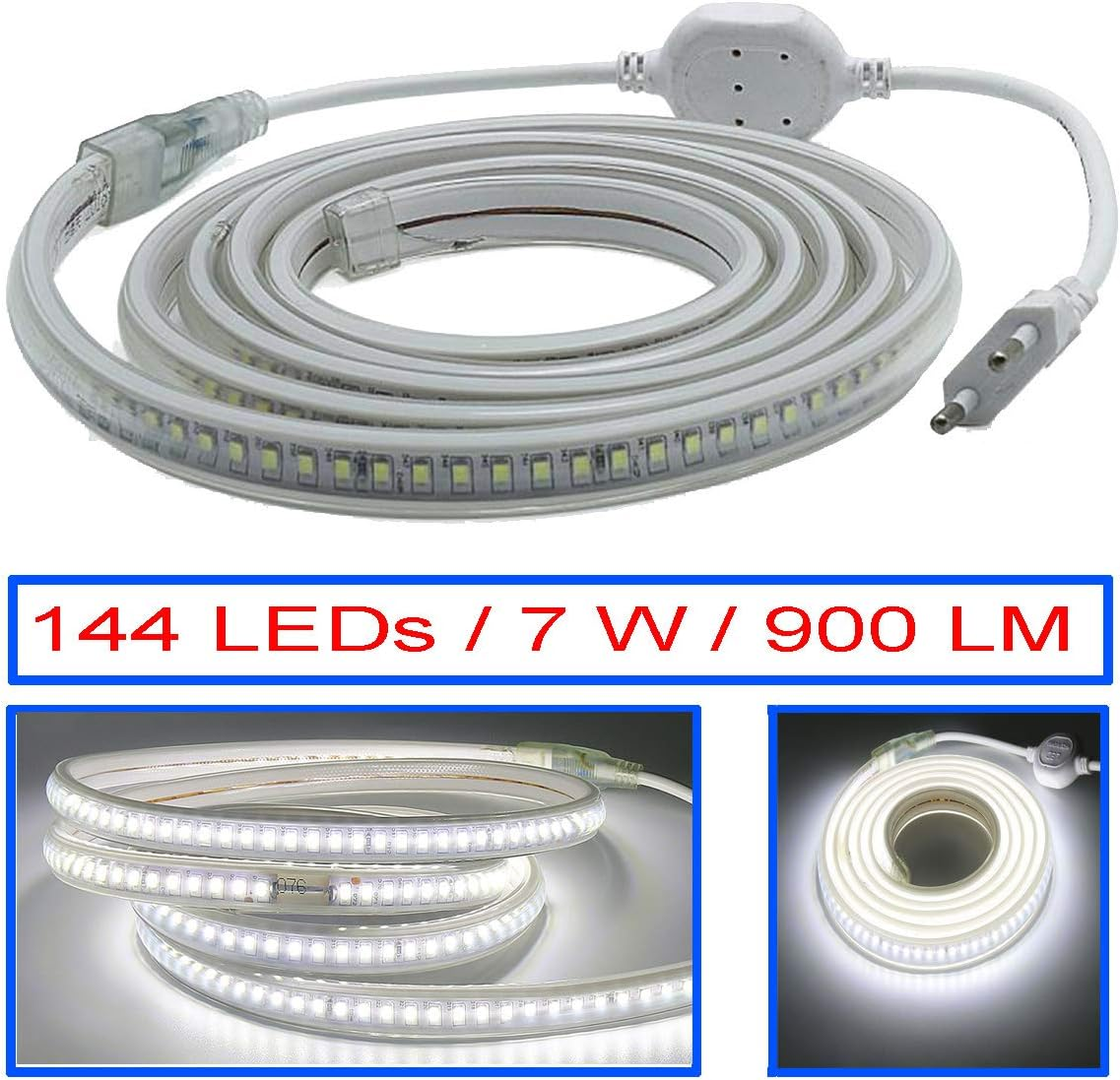Weißes LED-Streifenlicht, aufgerollt, mit Netzteil. Das Bild zeigt auch Text mit den Spezifikationen: 144 LEDs, 7W, 900LM.