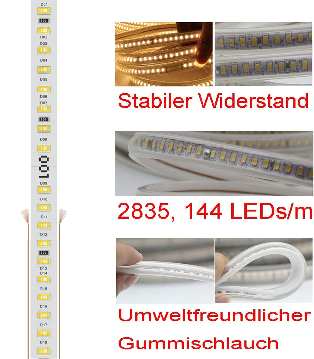 Das Bild zeigt LED-Streifen mit Text auf Deutsch. Abschnitte zeigen Details der Lichter. Der Text enthält 'Stabiler Widerstand'.