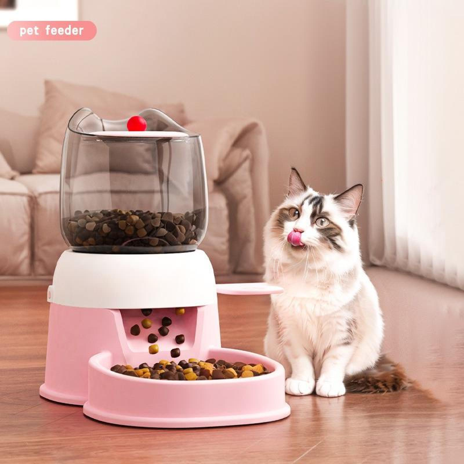 Eine Katze leckt sich die Lippen neben einem rosa Futterautomaten mit Futter. Der Futterautomat hat einen Behälter.