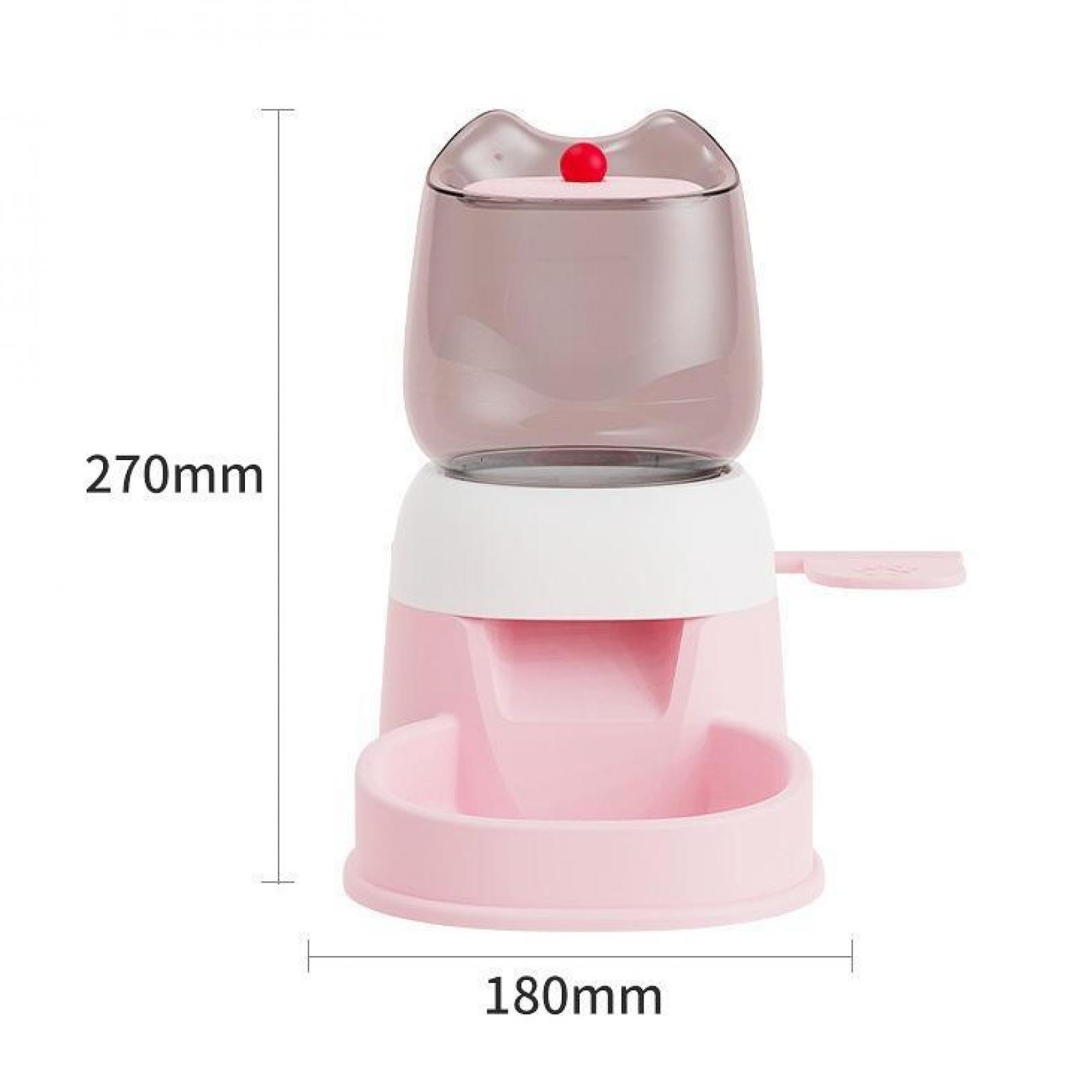 Ein rosa, katzenförmiger Haustierfutterautomat mit transparentem Behälter, weißer Mitte und rotem Ball oben. Abmessungen sind angegeben.