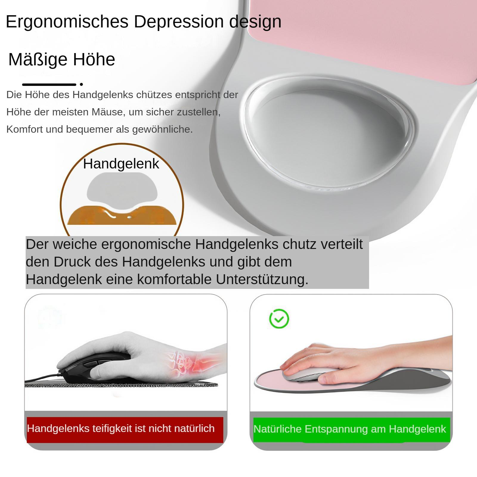 Das Bild zeigt eine ergonomische Handgelenkstütze mit Maus- und Handillustrationen. Es betont Komfort und Unterstützung.