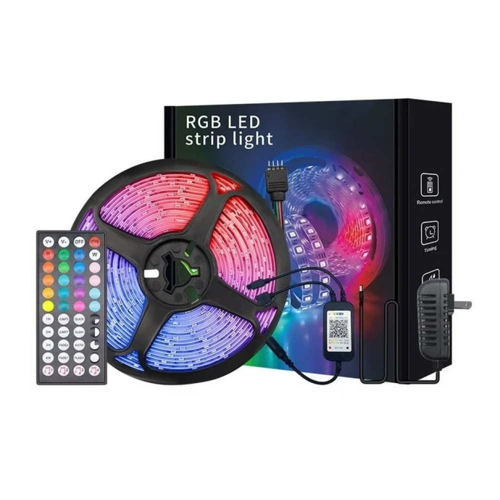 RGB-LED-Streifenlicht, aufgespult. Enthält Fernbedienung, Steuerbox und Netzteil. Box zeigt Fernbedienung und Timing-Funktionen.