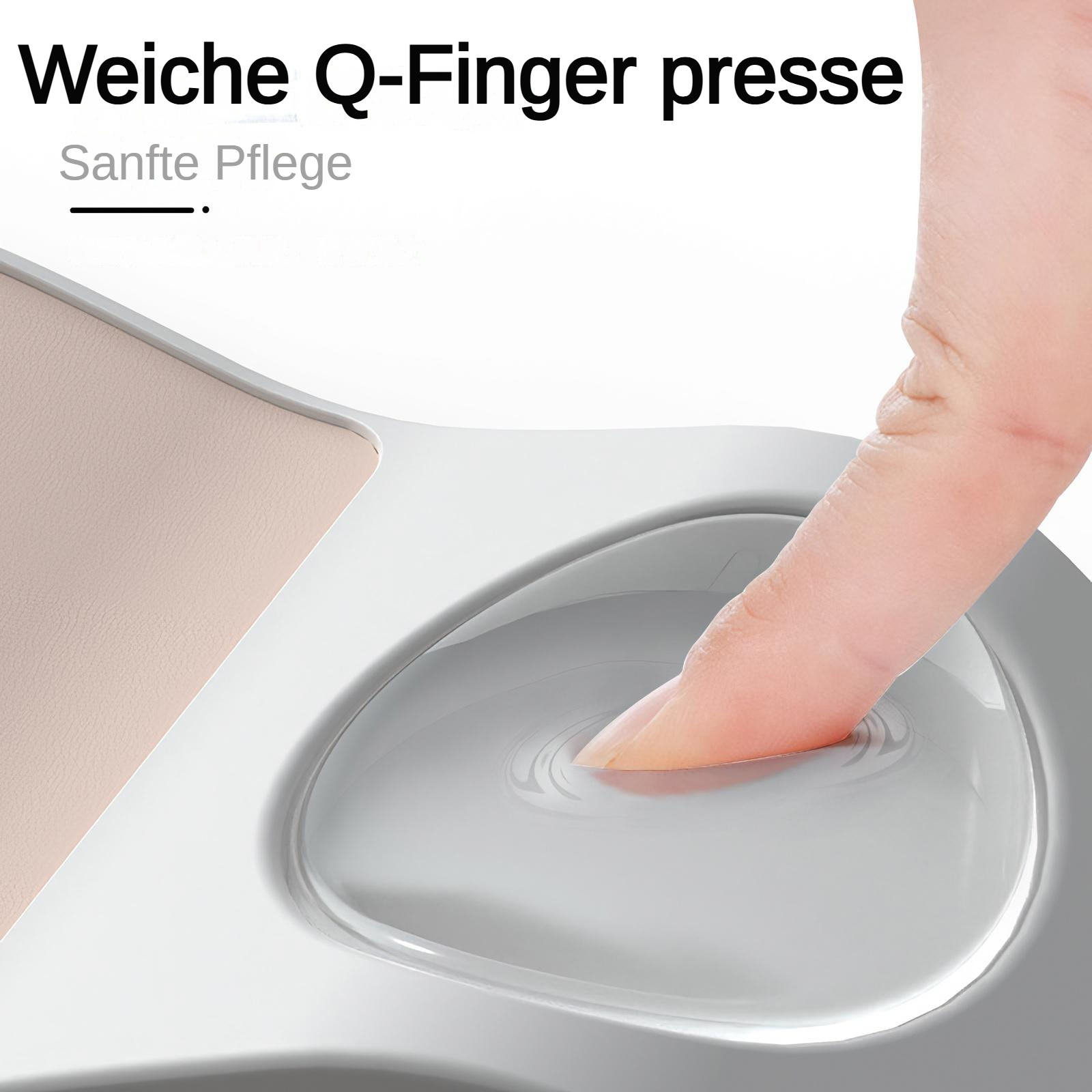 Ein Finger drückt in eine klare, gelartige Substanz. Der Hintergrund zeigt Text und eine hellfarbene Oberfläche.
