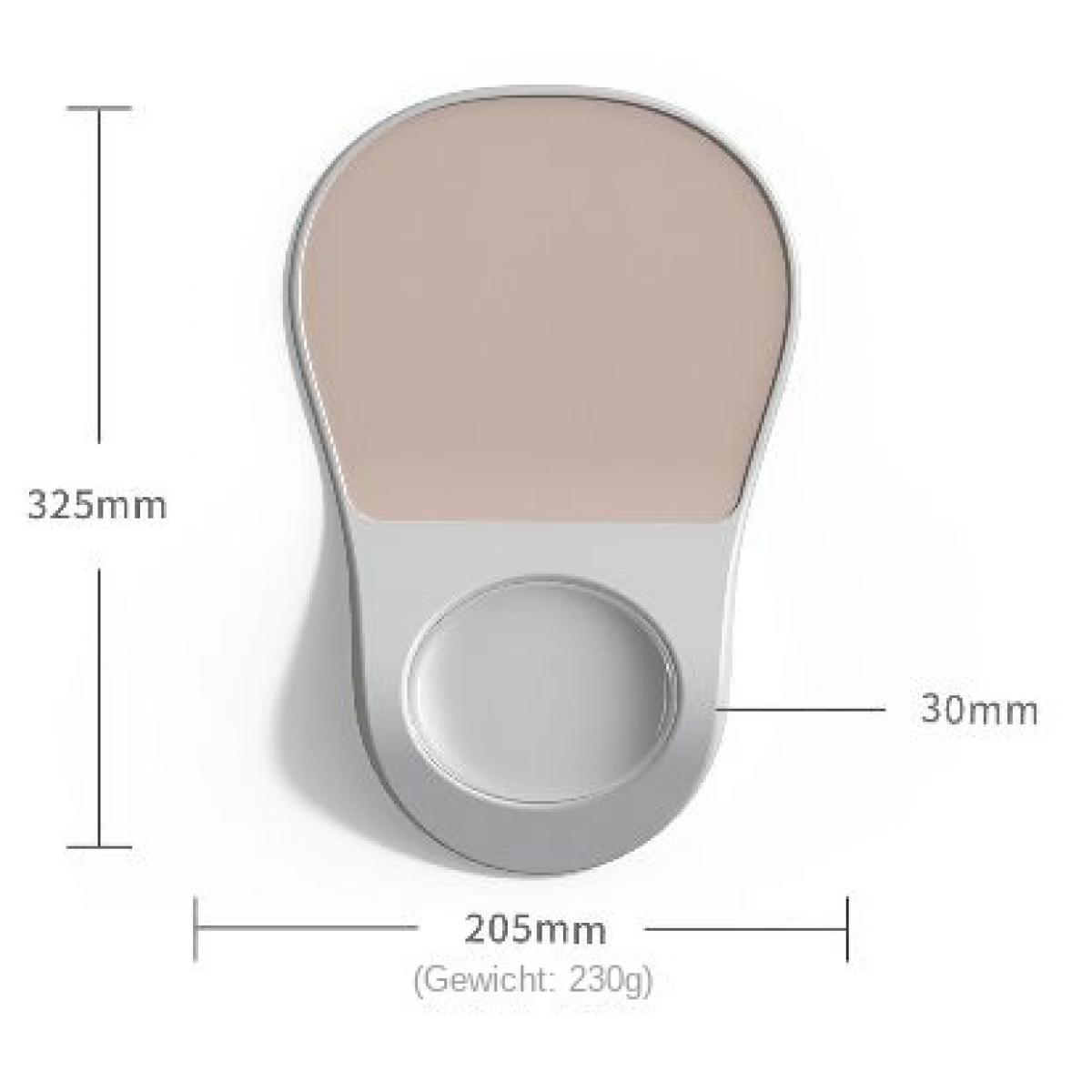 Draufsicht auf ein silbernes ergonomisches Mauspad mit beiger Auflagefläche. Maße: 325 mm, 205 mm und 30 mm. Gewicht: 230 g.
