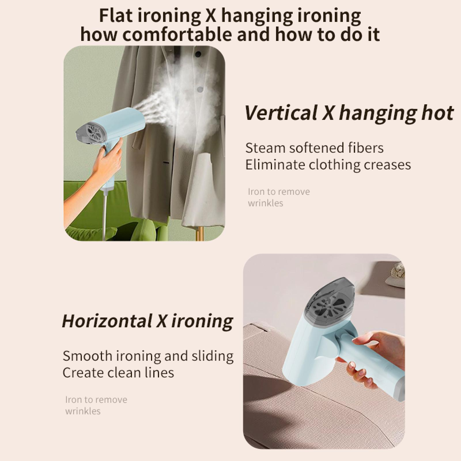 Das Bild zeigt einen Steamer, der an einem Mantel verwendet wird. Text beschreibt vertikale und horizontale Bügelmethoden.