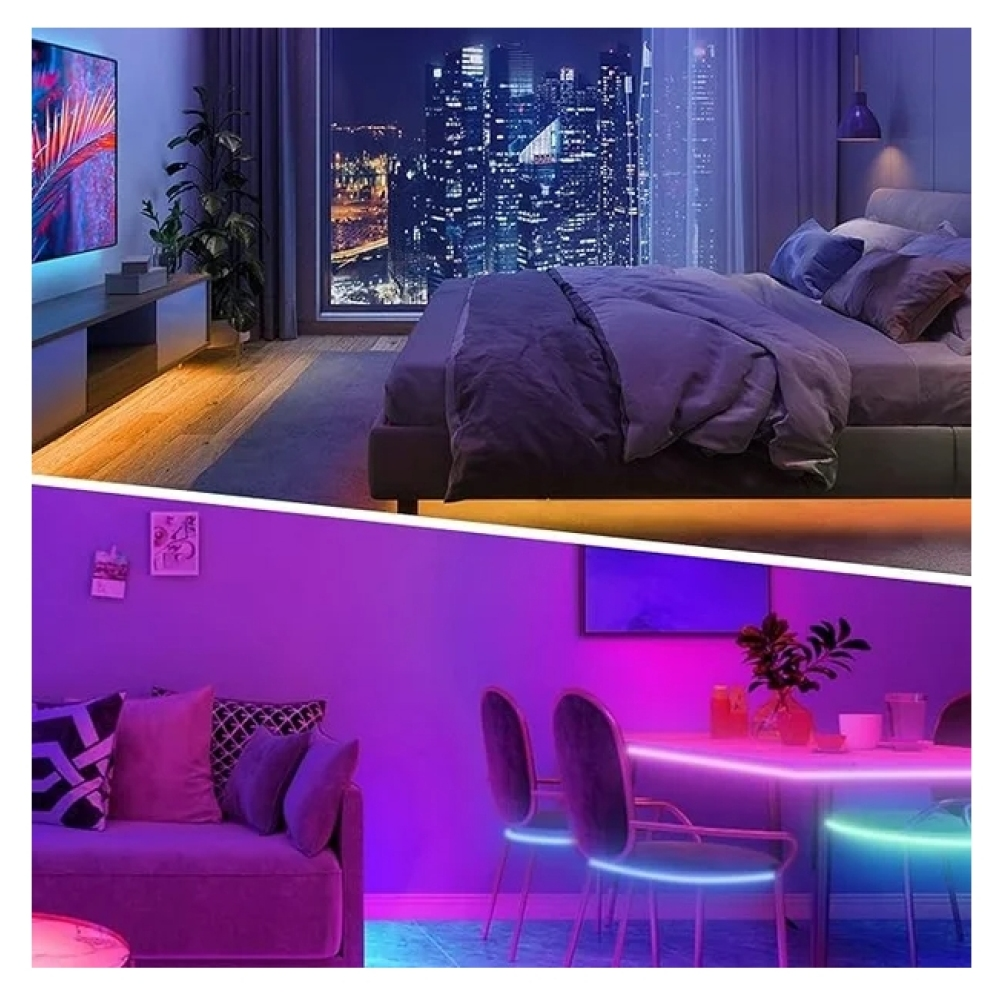 Schlaf- und Essbereich mit bunten LED-Leuchten. Bett und Sofa sind sichtbar. Eine Stadtlandschaft ist durch das Fenster zu sehen.
