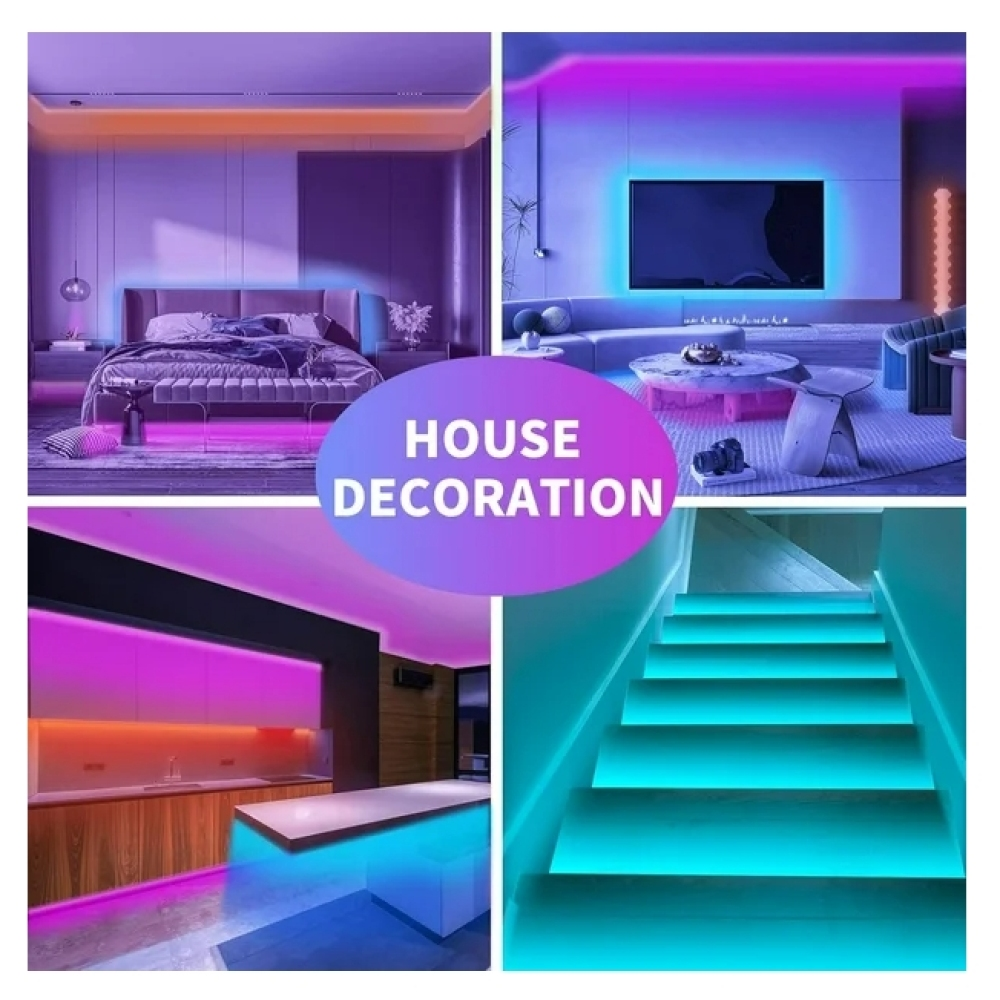 Collage von Innenszenen. Schlafzimmer, Wohnzimmer, Küche und Treppe werden durch farbenfrohe LED-Streifen beleuchtet, beschriftet mit 'HAUSDEKORATION'.