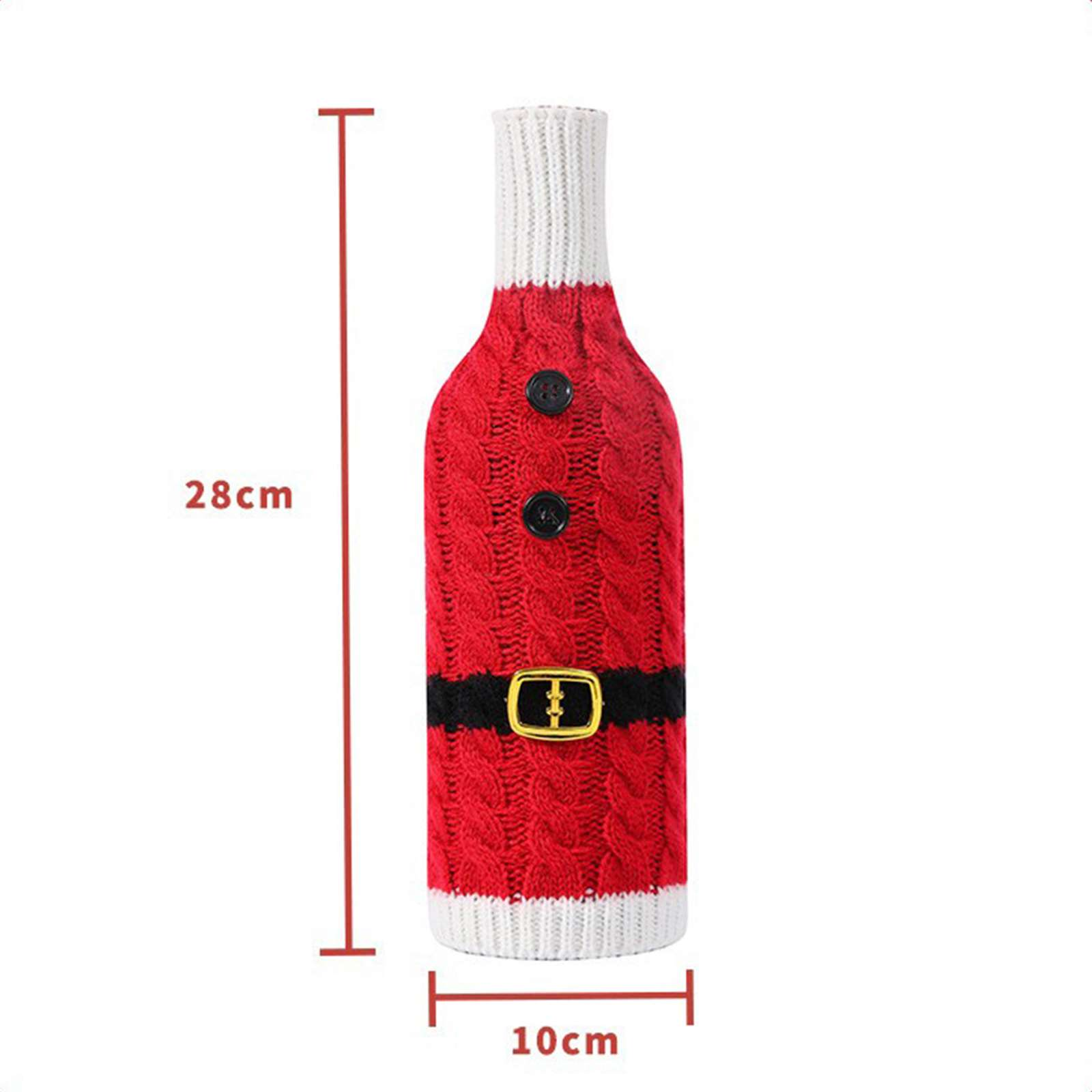 Eine rote Santa Claus Flaschenhülle mit schwarzen Knöpfen und Gürtel, weiß gestrickter Ober- und Unterseite und Maßen.