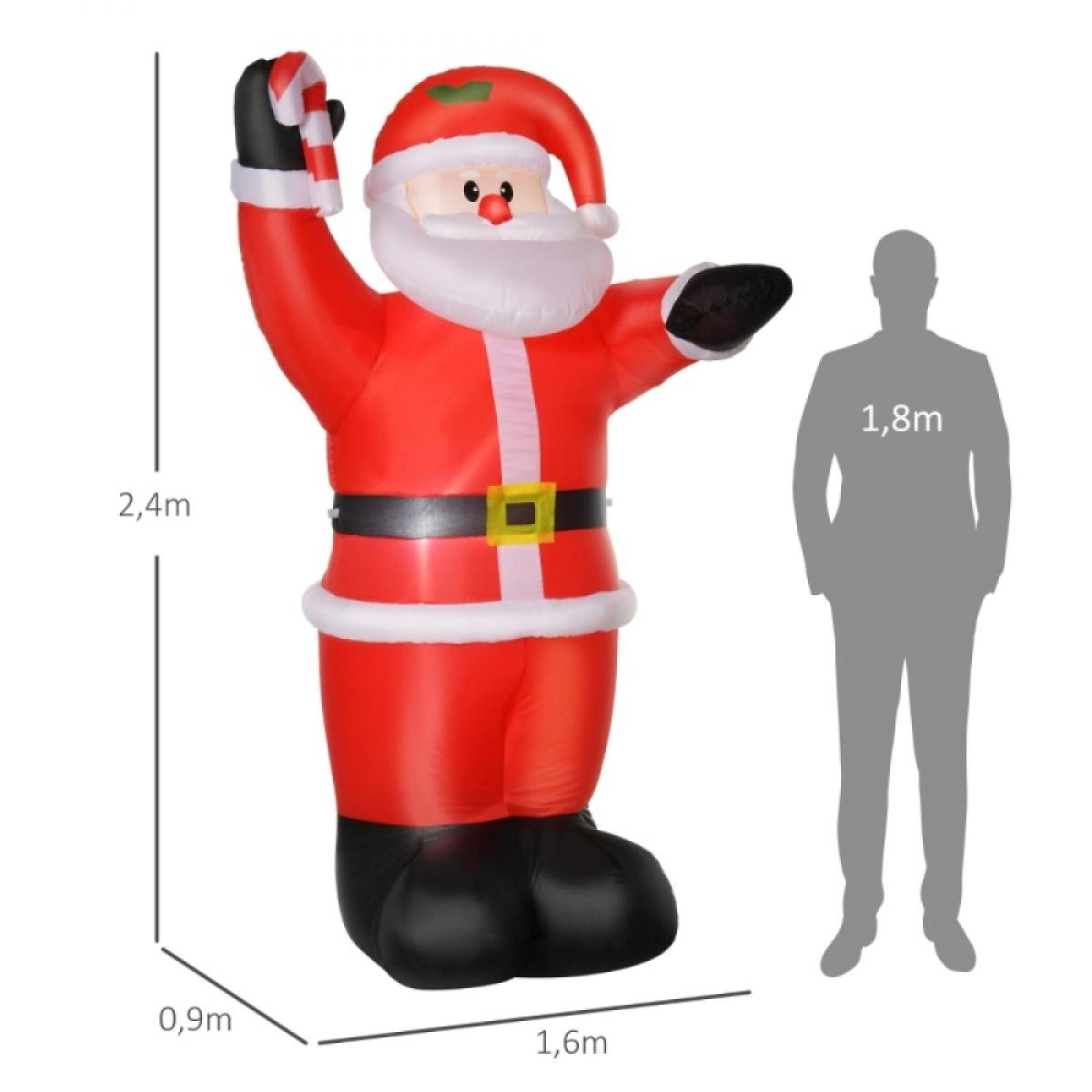Ein aufblasbarer Weihnachtsmann mit einer Höhe von 2,4 m, neben einer Silhouette einer 1,8 m großen Person.