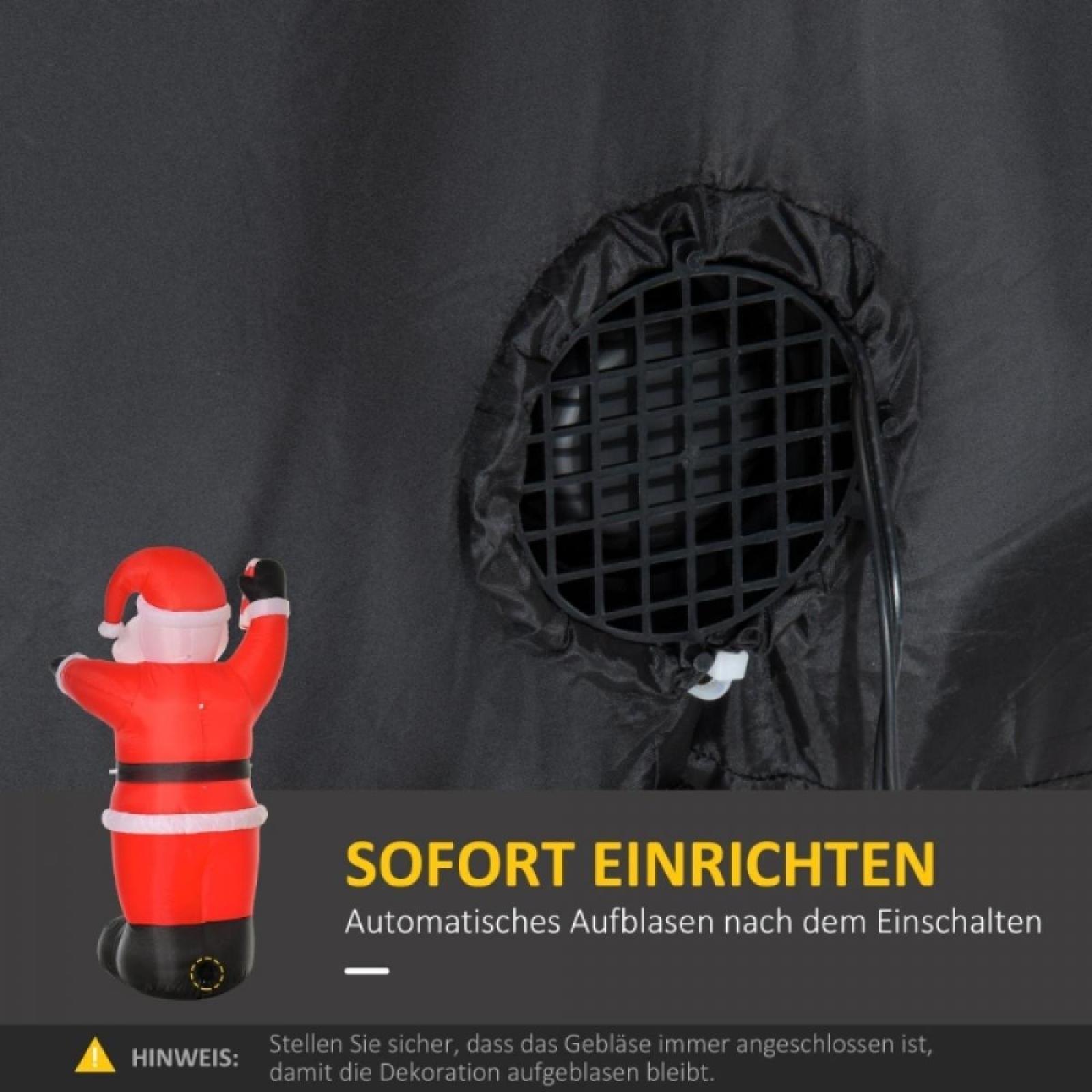 Ein aufblasbarer Weihnachtsmann mit schwarzem Hintergrund und einem Ventilator. Text sagt 'sofort einrichten'.