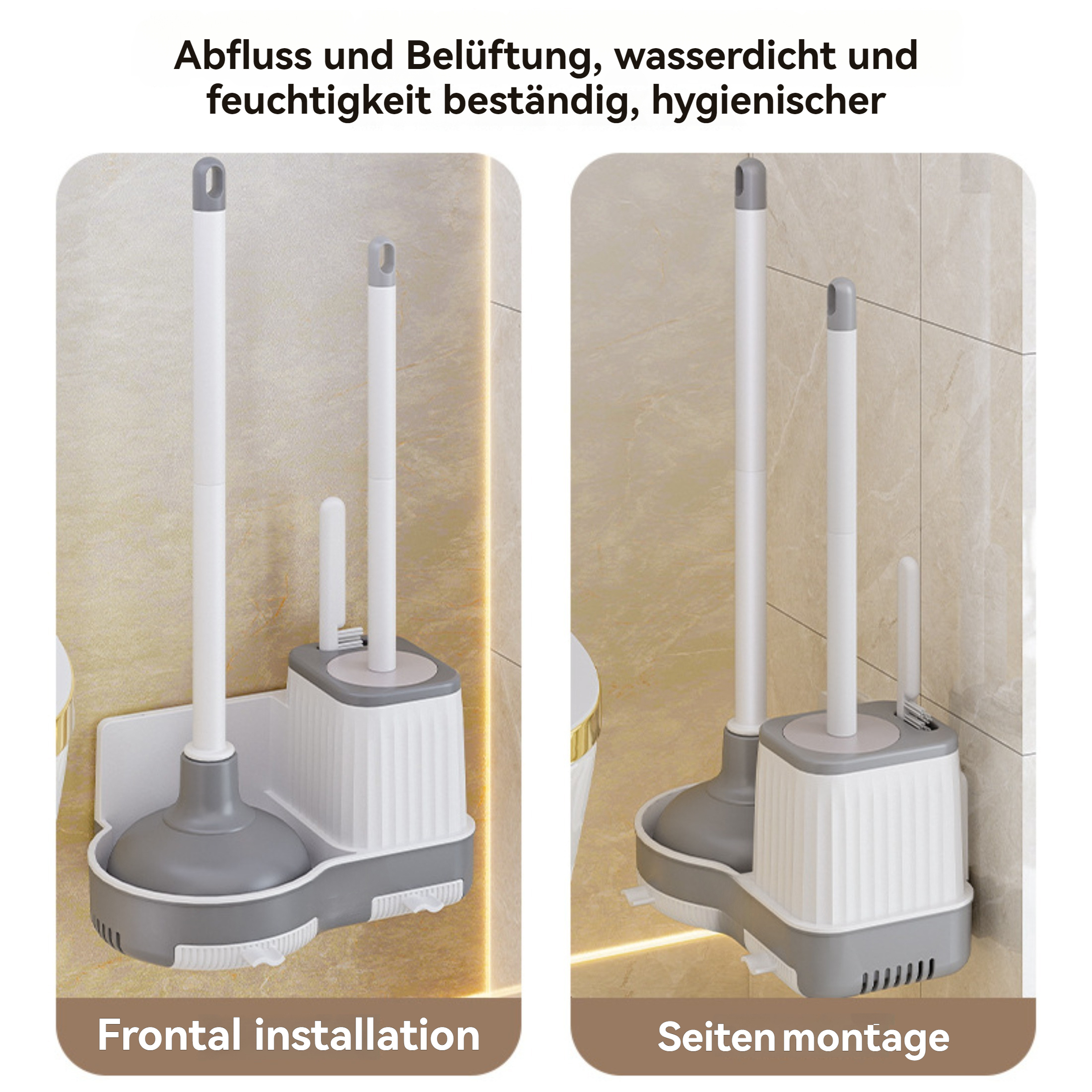 Zwei Toilettenbürstenhalter und Kolben, grau und weiß. Text lautet: Frontale Installation, Seitenmontage.