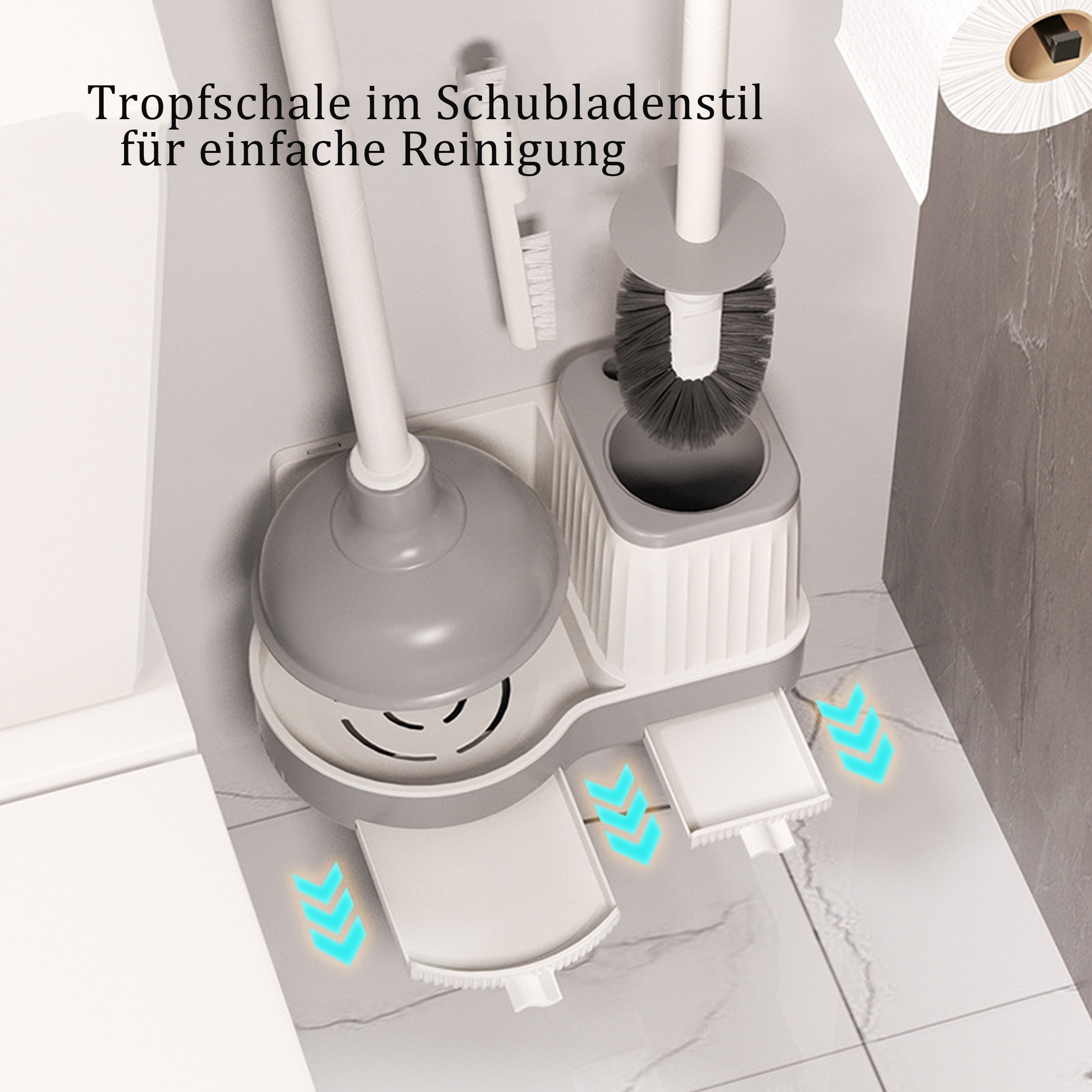 Ein grau-weißes Toilettenreinigung Set mit einem Pümpel und einer Bürste, mit einer Papierrolle im Hintergrund.