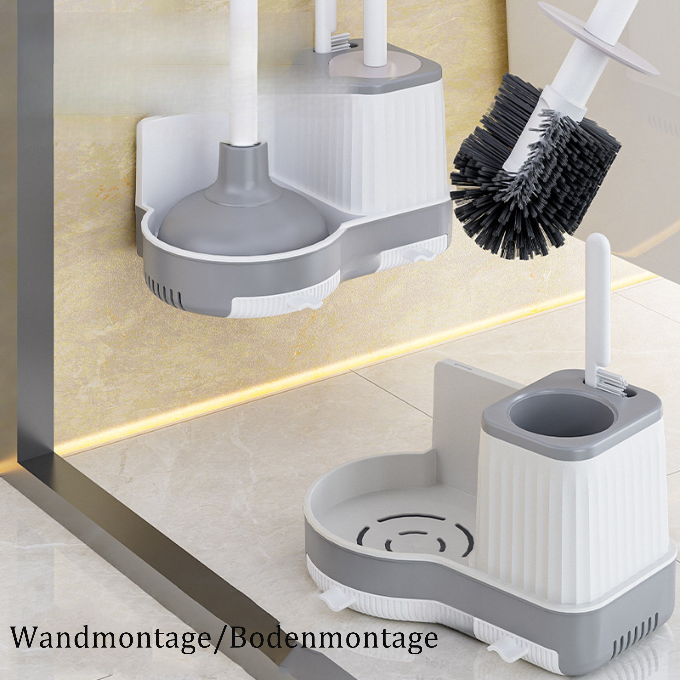 Badezimmer-Reinigungsset: Toilettenbürste, Pümpel und Halter, Wandmontage. Weiß, Grau und Schwarz.