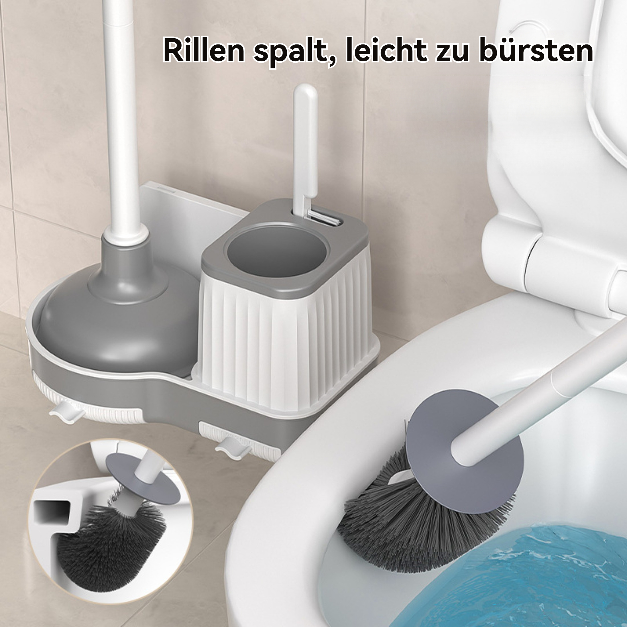 Toilettenbürste, Pümpel und Toilettenschüssel. Weiße und graue Farben. Die Bürste reinigt die Toilette.