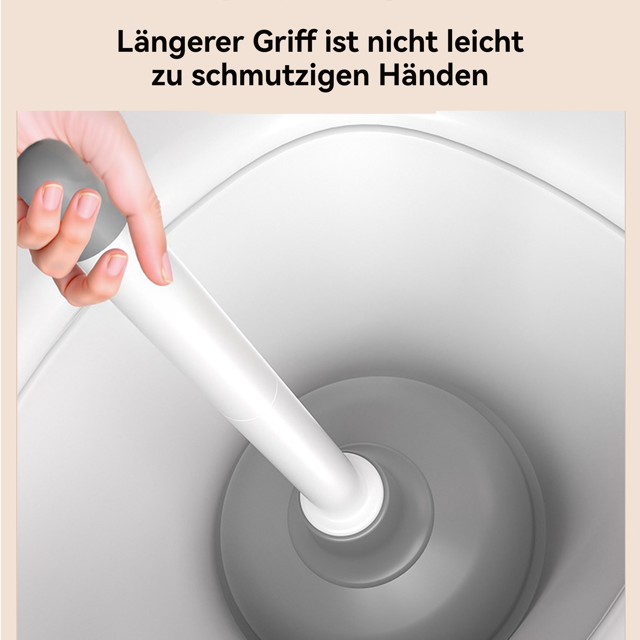 Hand hält einen grauen Pümpel über einer weißen Toilette. Der Griff des Pümpels ist lang. Der Text sagt, dass er leicht zu reinigen ist.